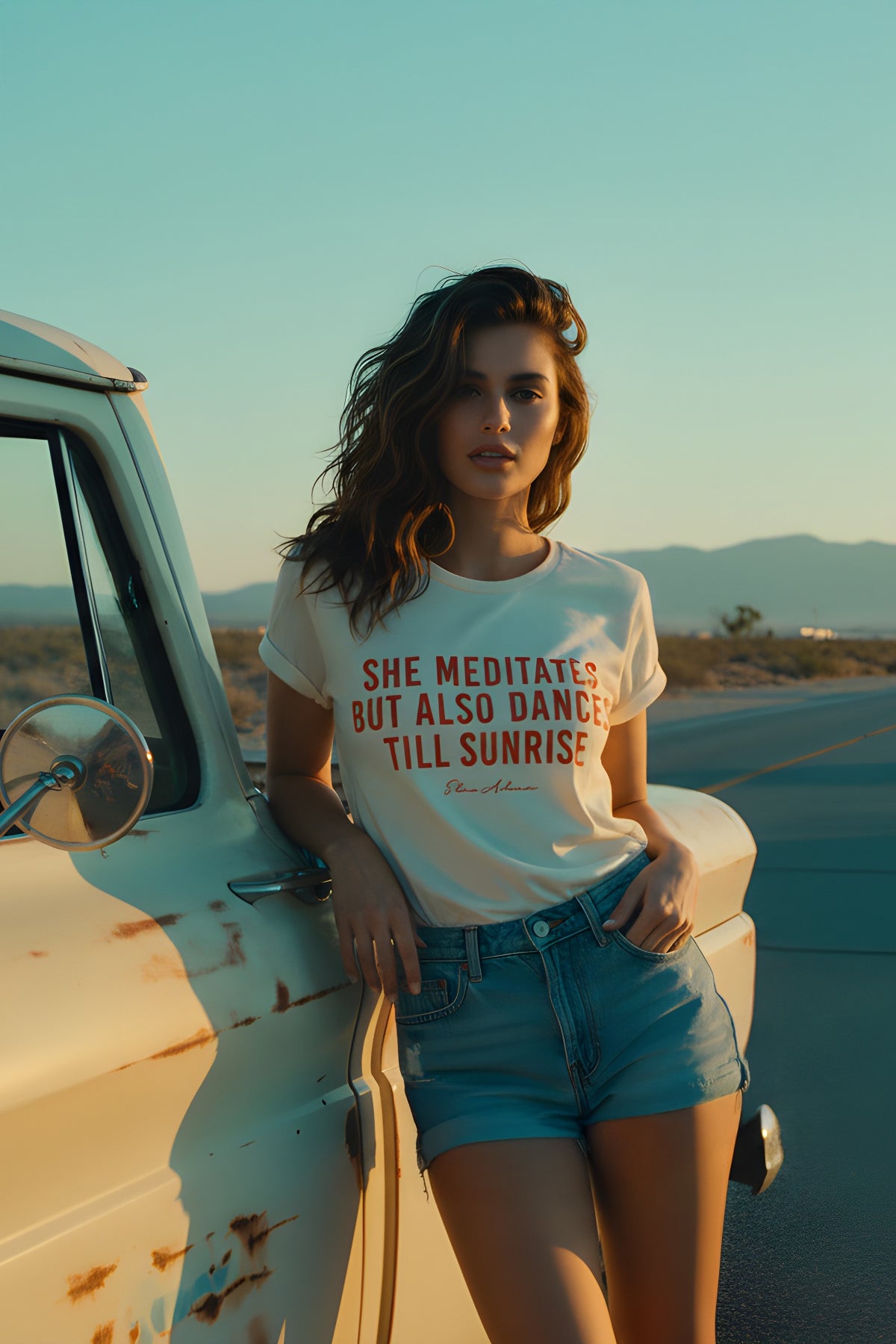 Eden Ashram She Meditates But Also Dances Till Sunrise Premium Rolled Sleeve T-Shirt