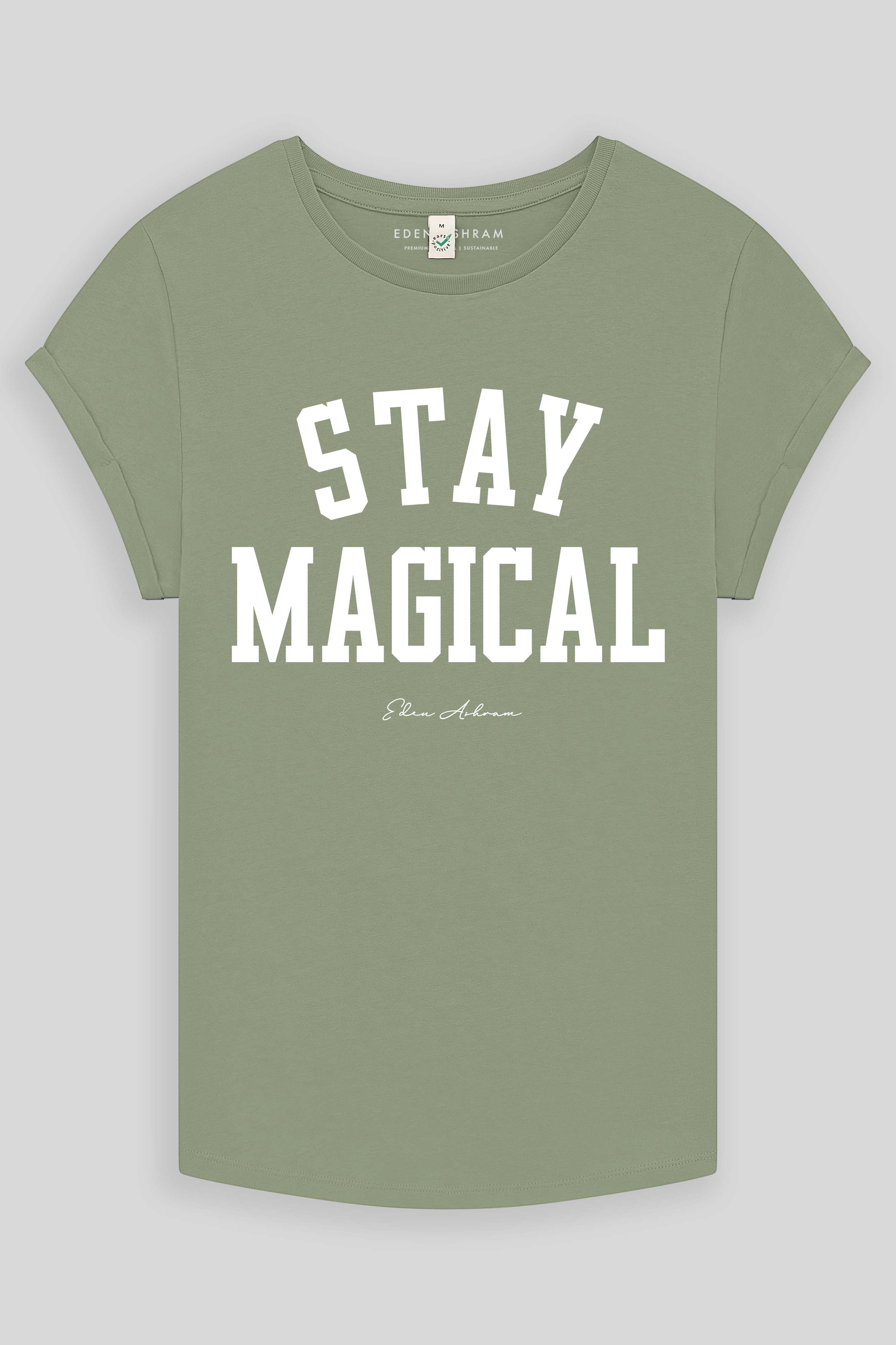 Eden Ashram Stay Magical Premium Rolled Sleeve T-Shirt Light Olive