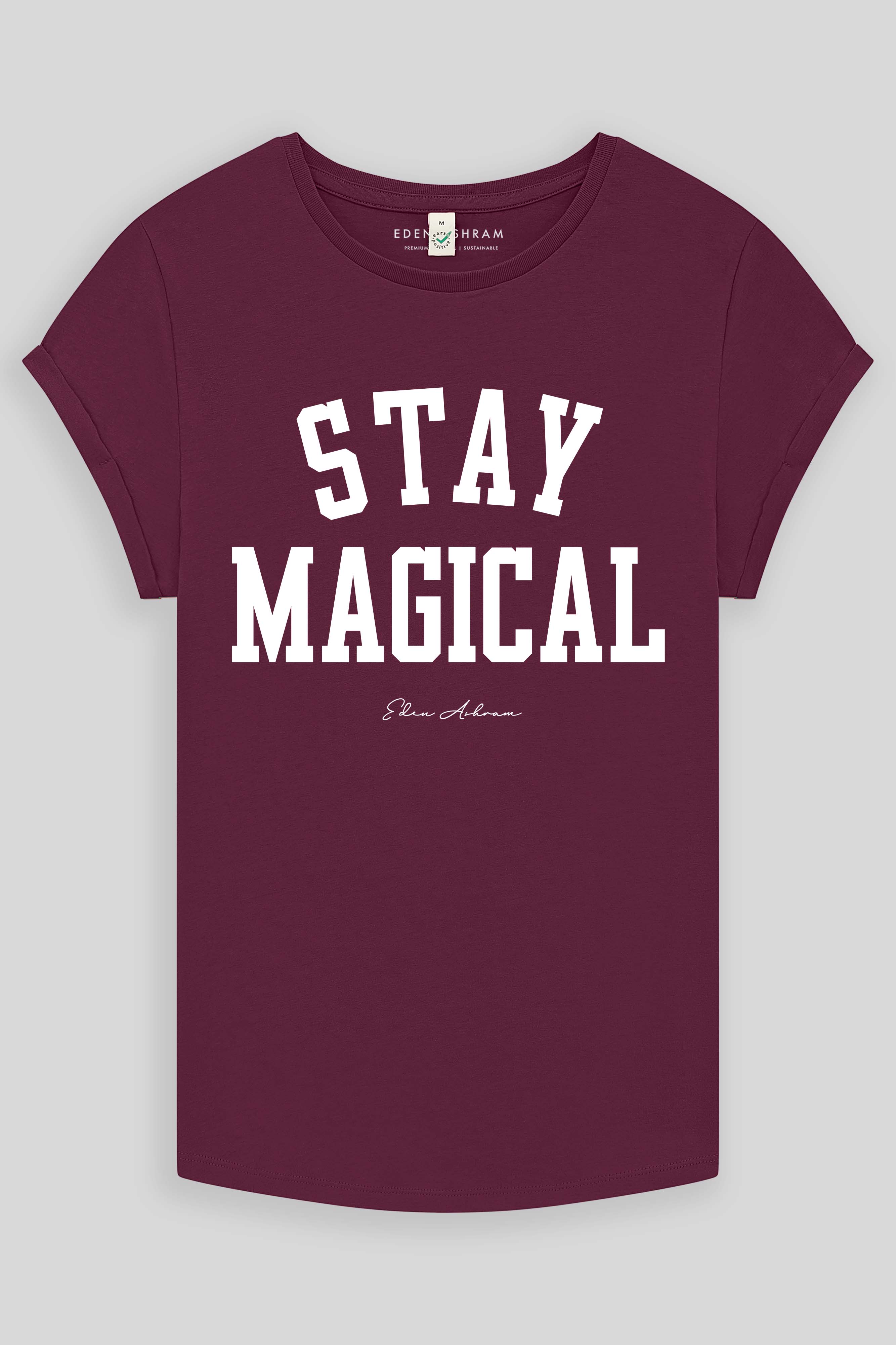 Eden Ashram Stay Magical Premium Rolled Sleeve T-Shirt Stonewash Burgundy