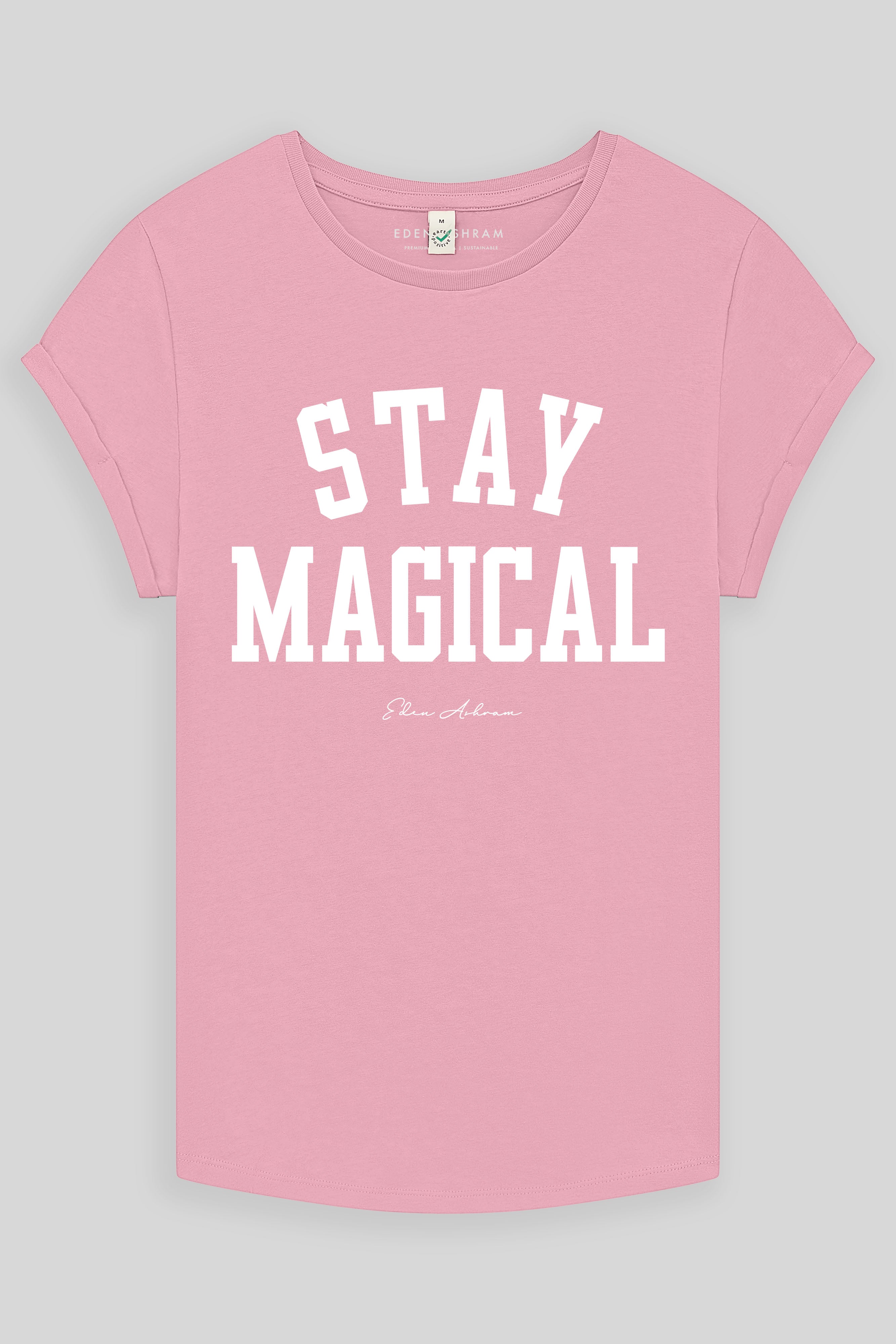 Eden Ashram Stay Magical Premium Rolled Sleeve T-Shirt Stonewash Pink