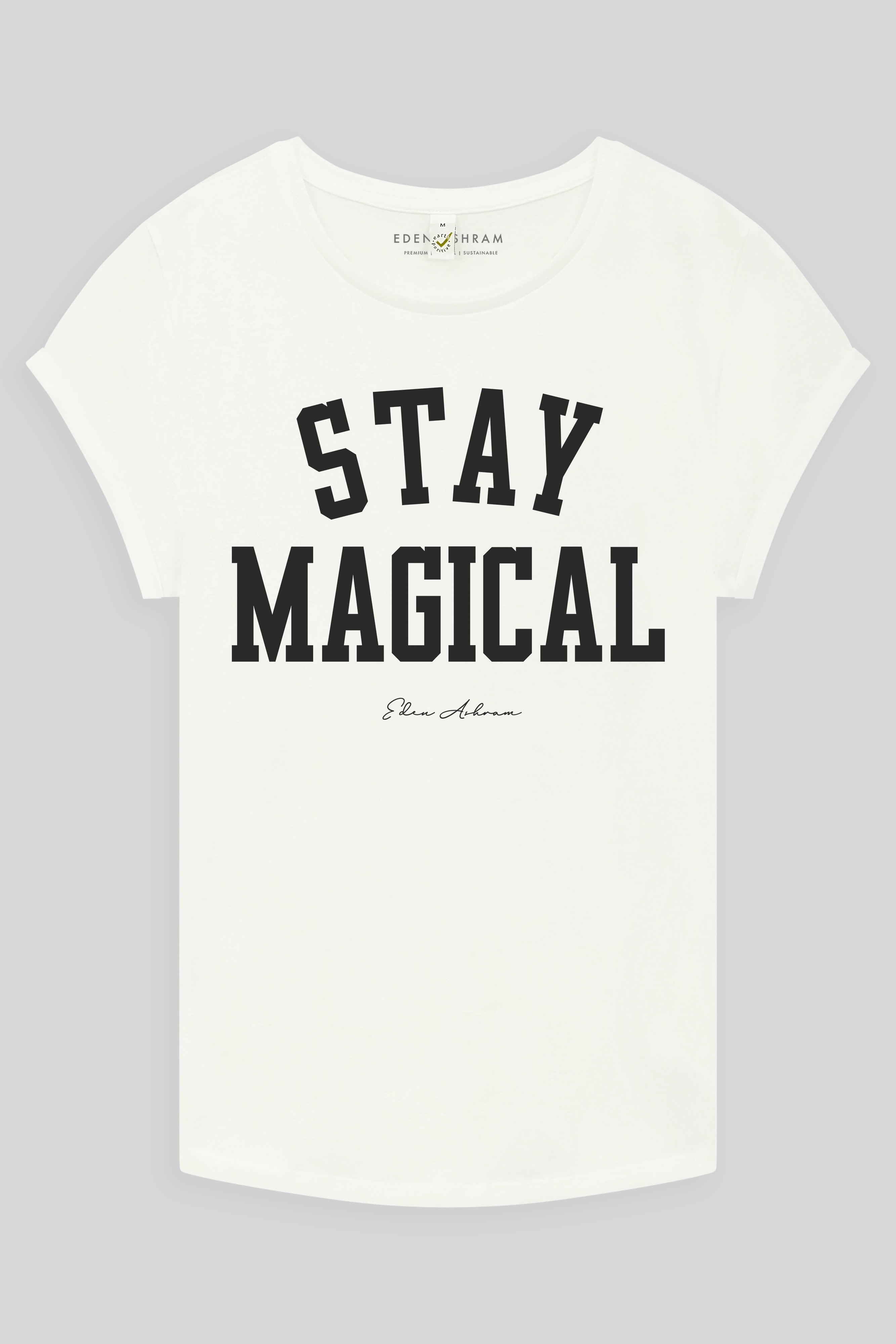 Eden Ashram Stay Magical Premium Rolled Sleeve T-Shirt Stonewash White