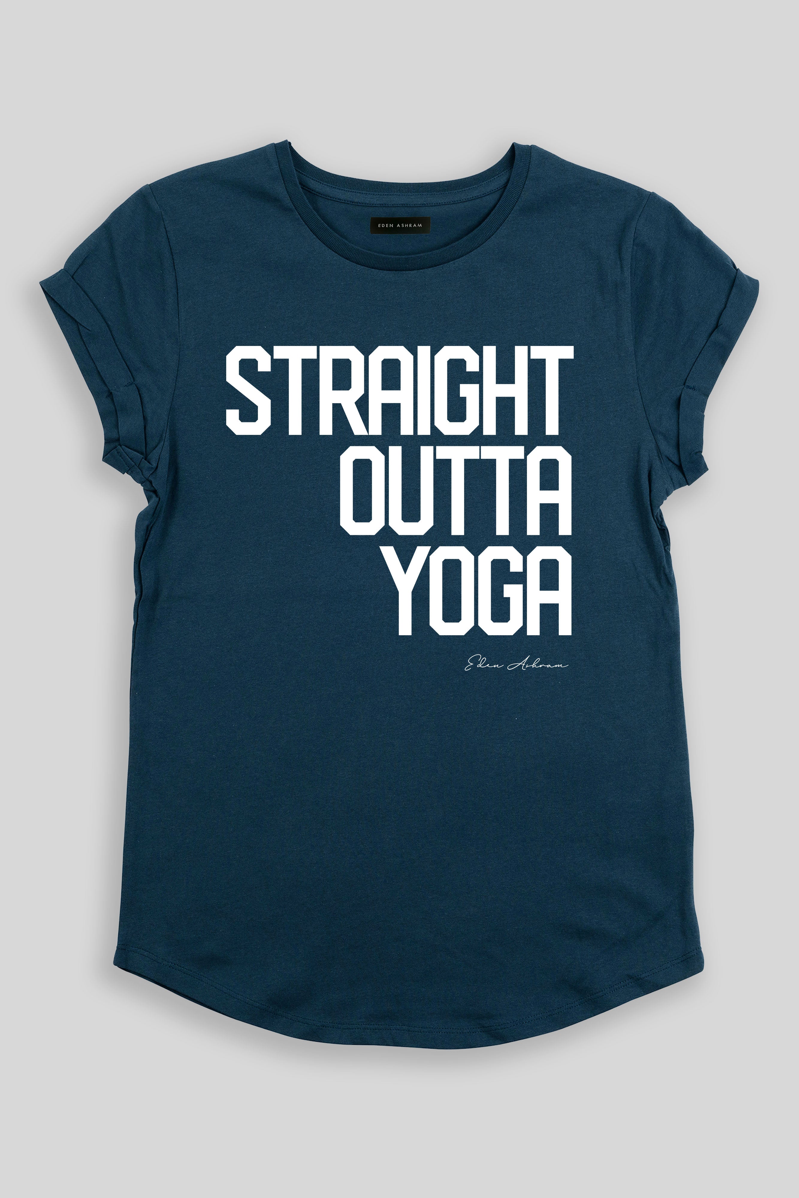 EDEN ASHRAM Straight Outta Yoga Premium Rolled Sleeve T-Shirt Denim