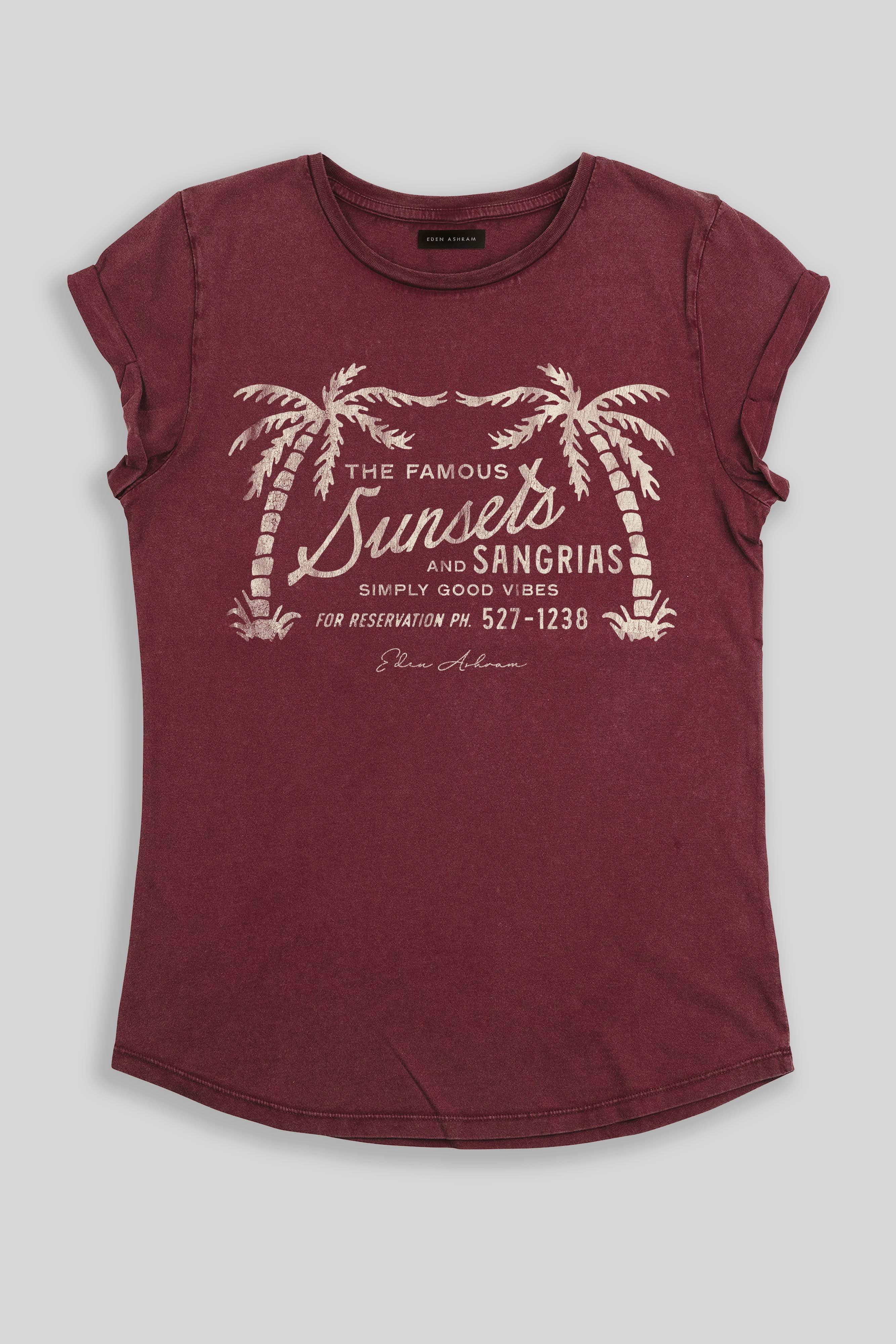 Eden Ashram The Famous Sunsets and Sangrias Premium Rolled Sleeve T-Shirt Stonewash Burgundy