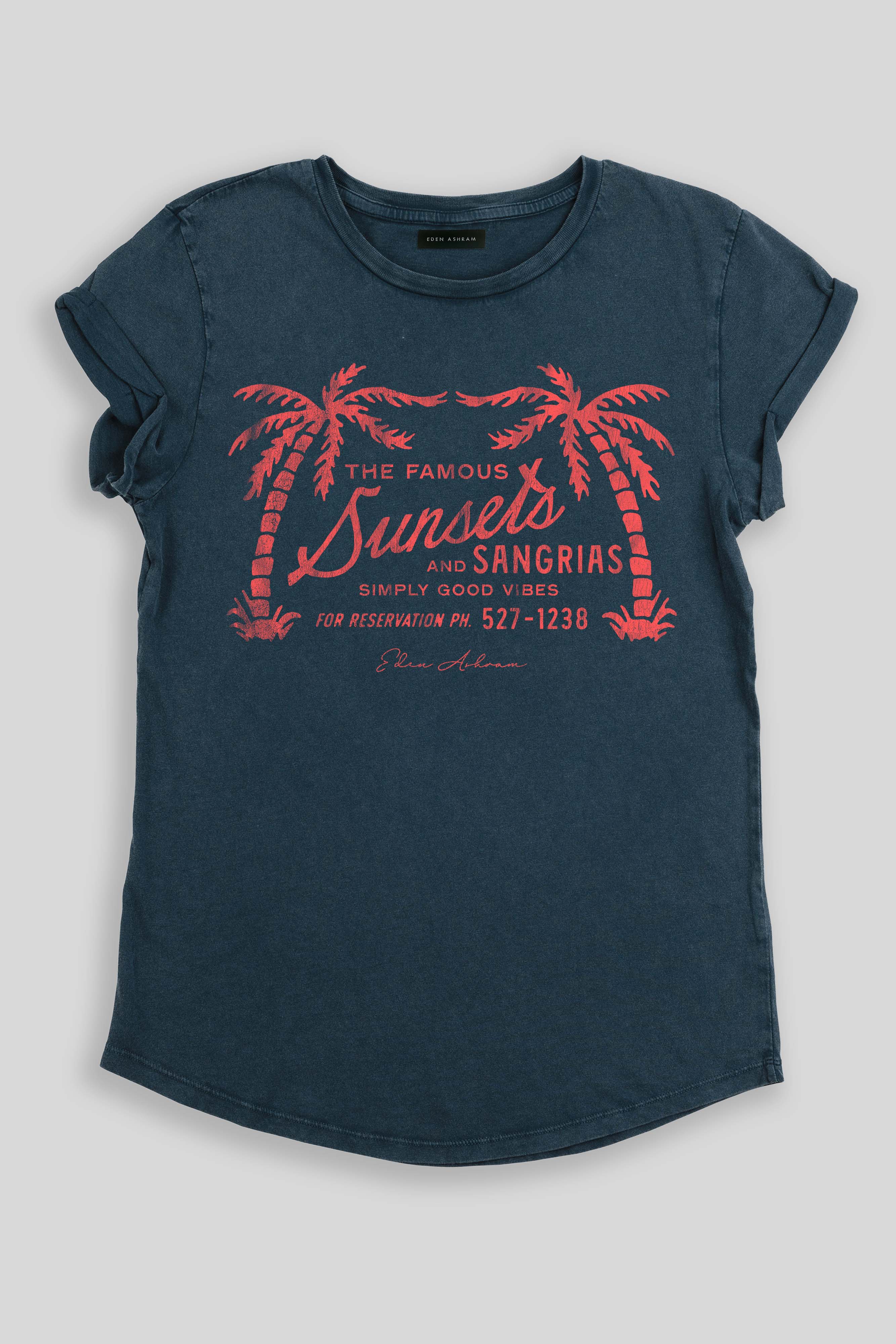 Eden Ashram The Famous Sunsets and Sangrias Premium Rolled Sleeve T-Shirt Stonewash Denim