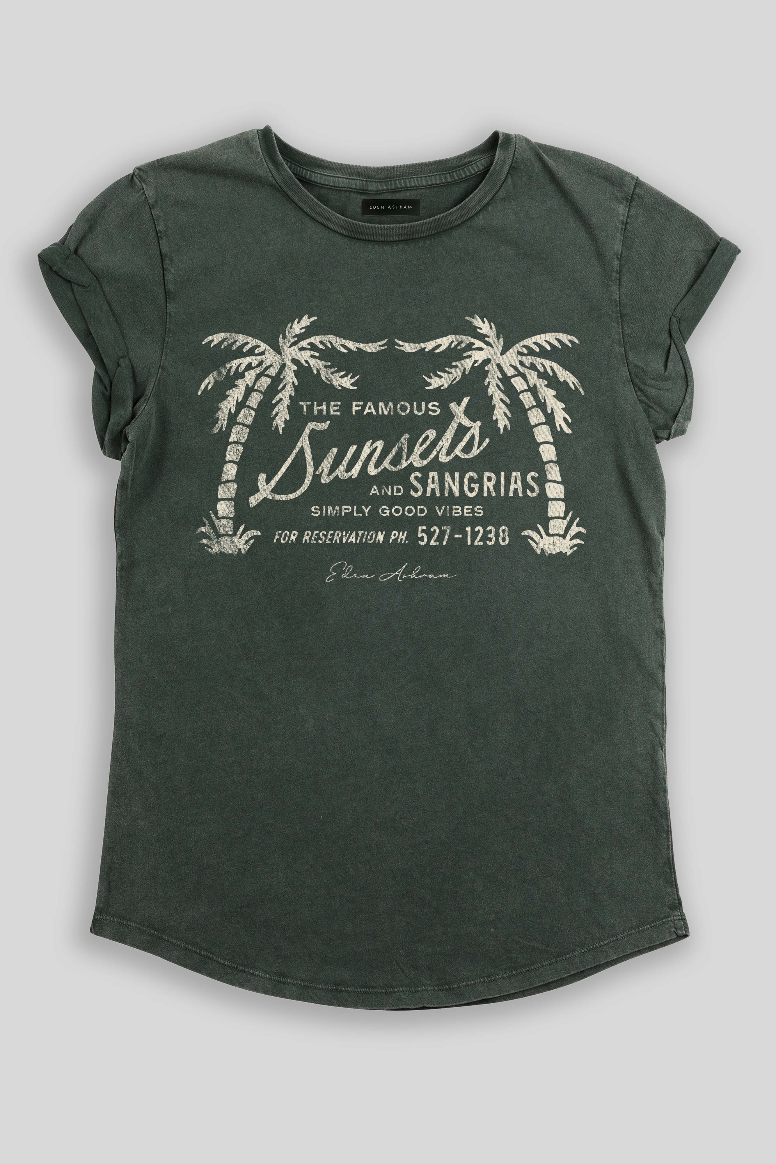 Eden Ashram The Famous Sunsets and Sangrias Premium Rolled Sleeve T-Shirt Stonewash Green