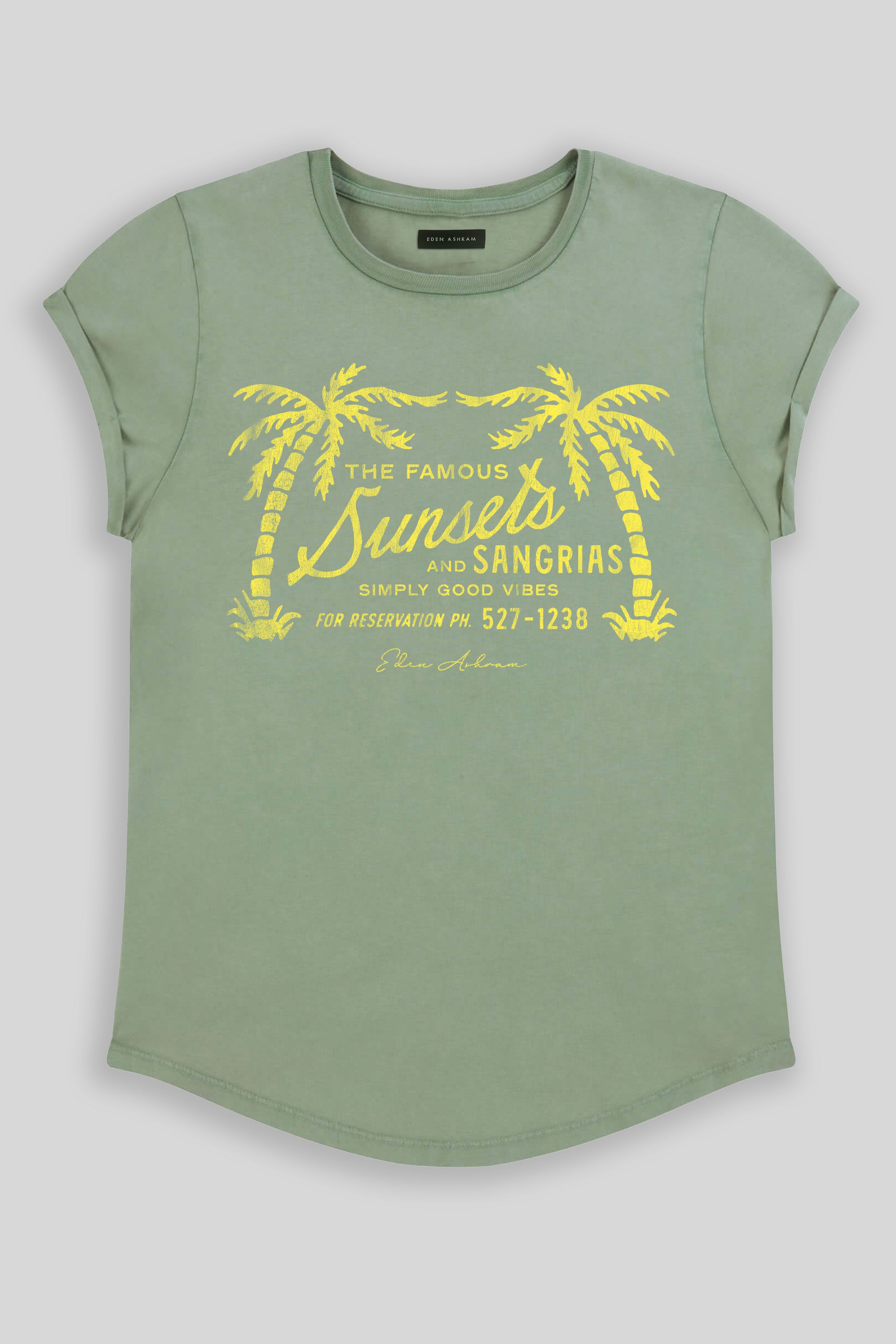 Eden Ashram The Famous Sunsets and Sangrias Premium Rolled Sleeve T-Shirt Stonewash Sage