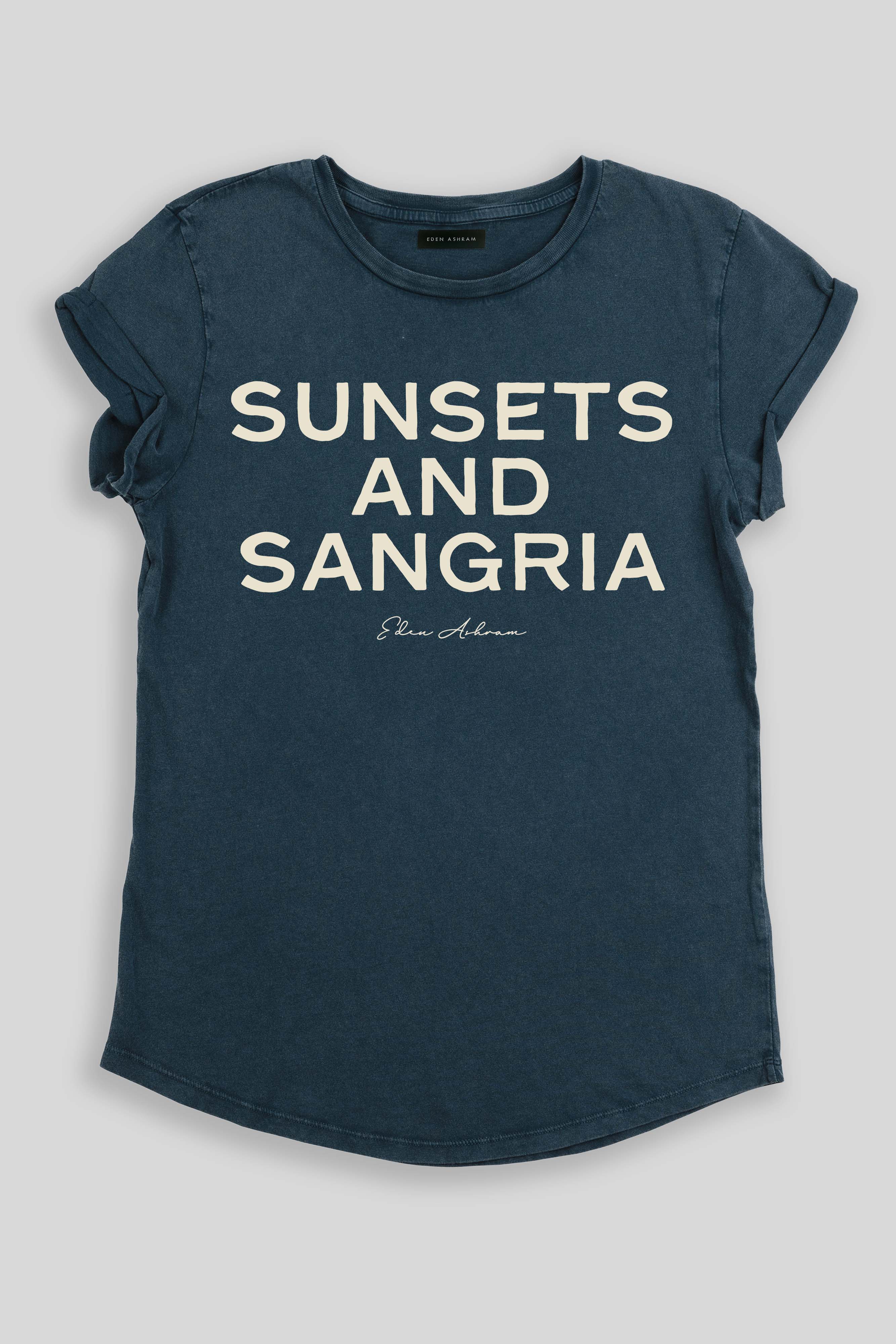 Eden Ashram Sunsets and Sangria Premium Rolled Sleeve T-Shirt Stonewash Denim