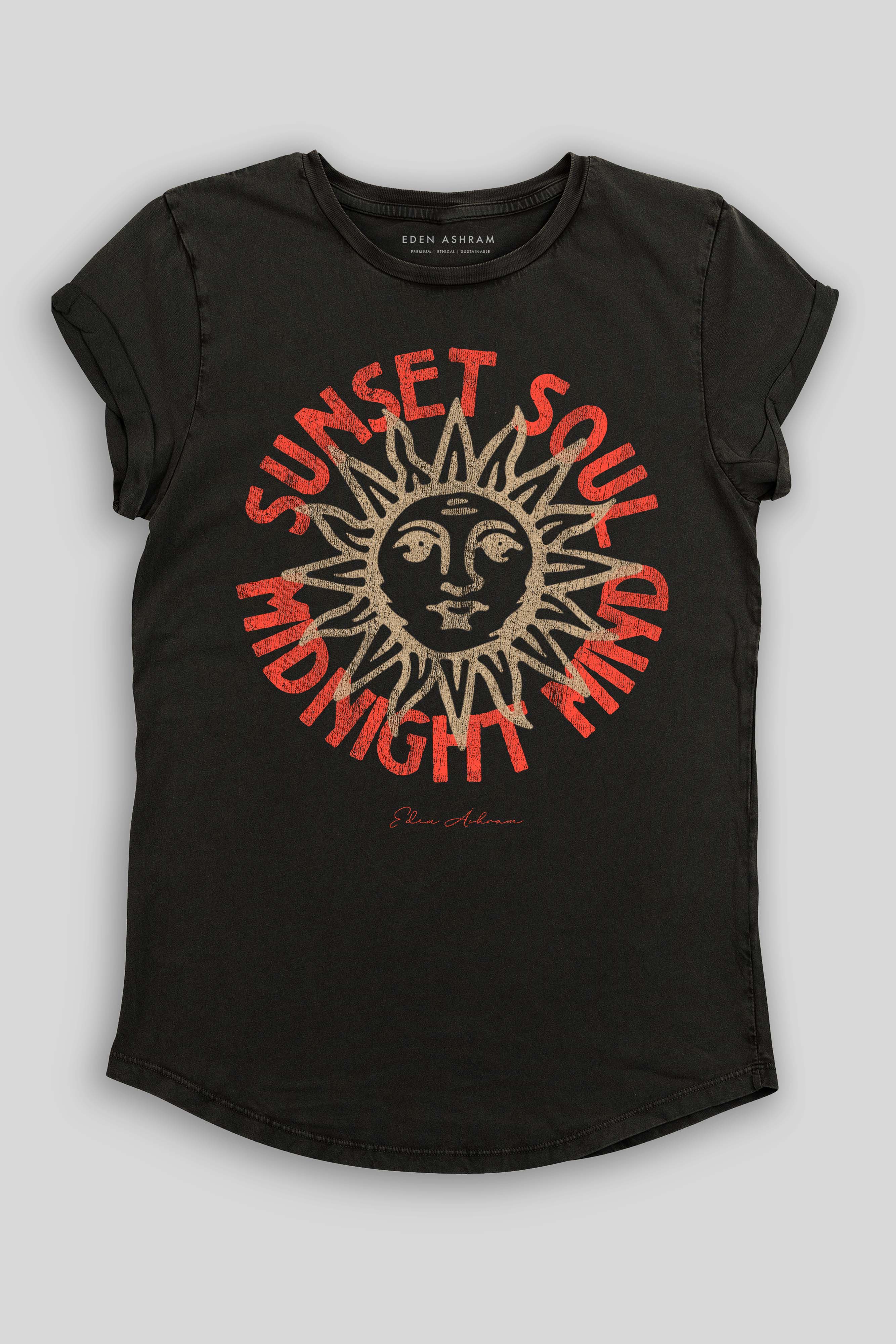 Eden Ashram Sunset Soul - Midnight Mind Premium Rolled Sleeve T-Shirt Stonewash Black