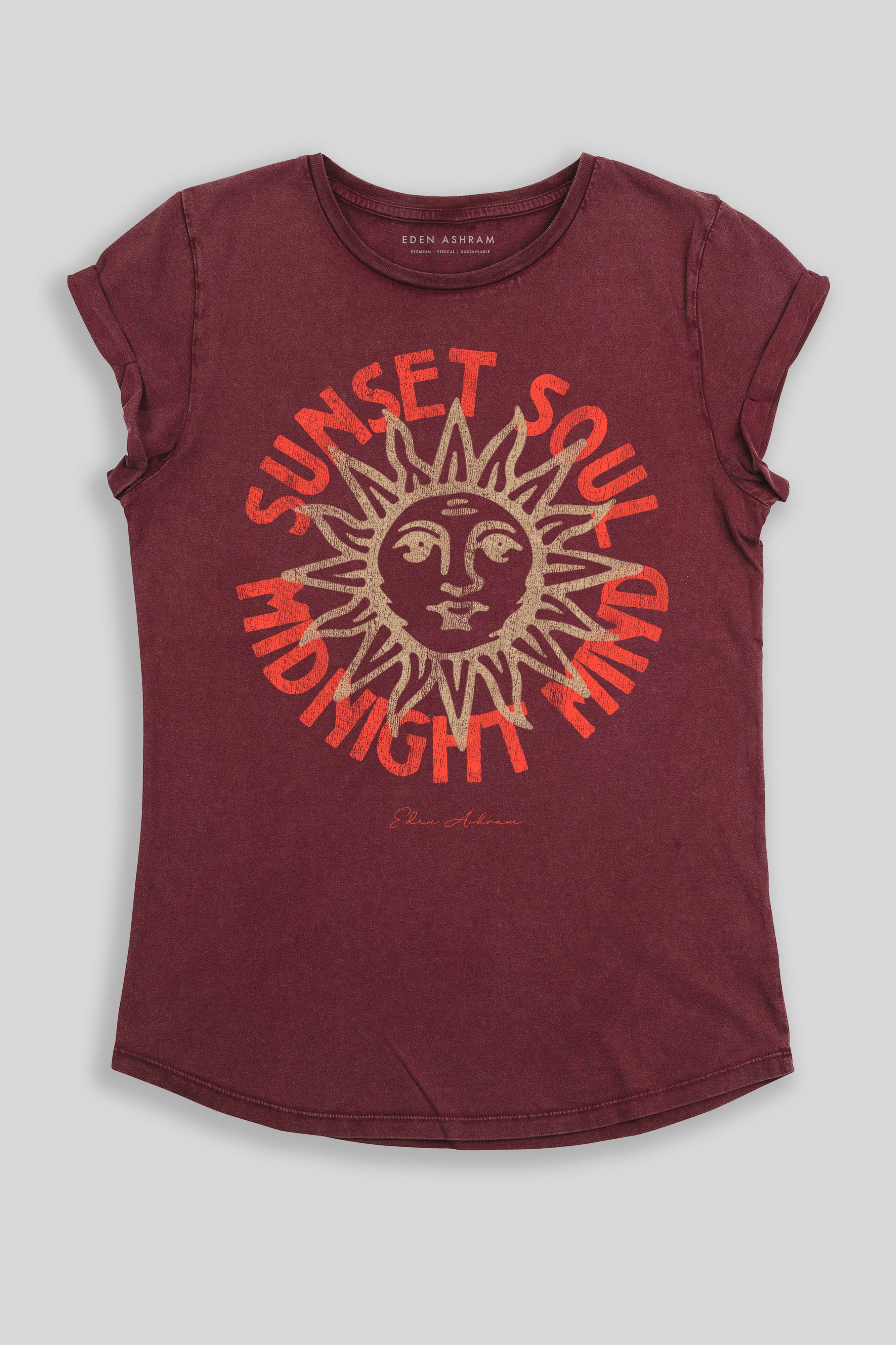 Eden Ashram Sunset Soul - Midnight Mind Premium Rolled Sleeve T-Shirt Stonewash Burgundy