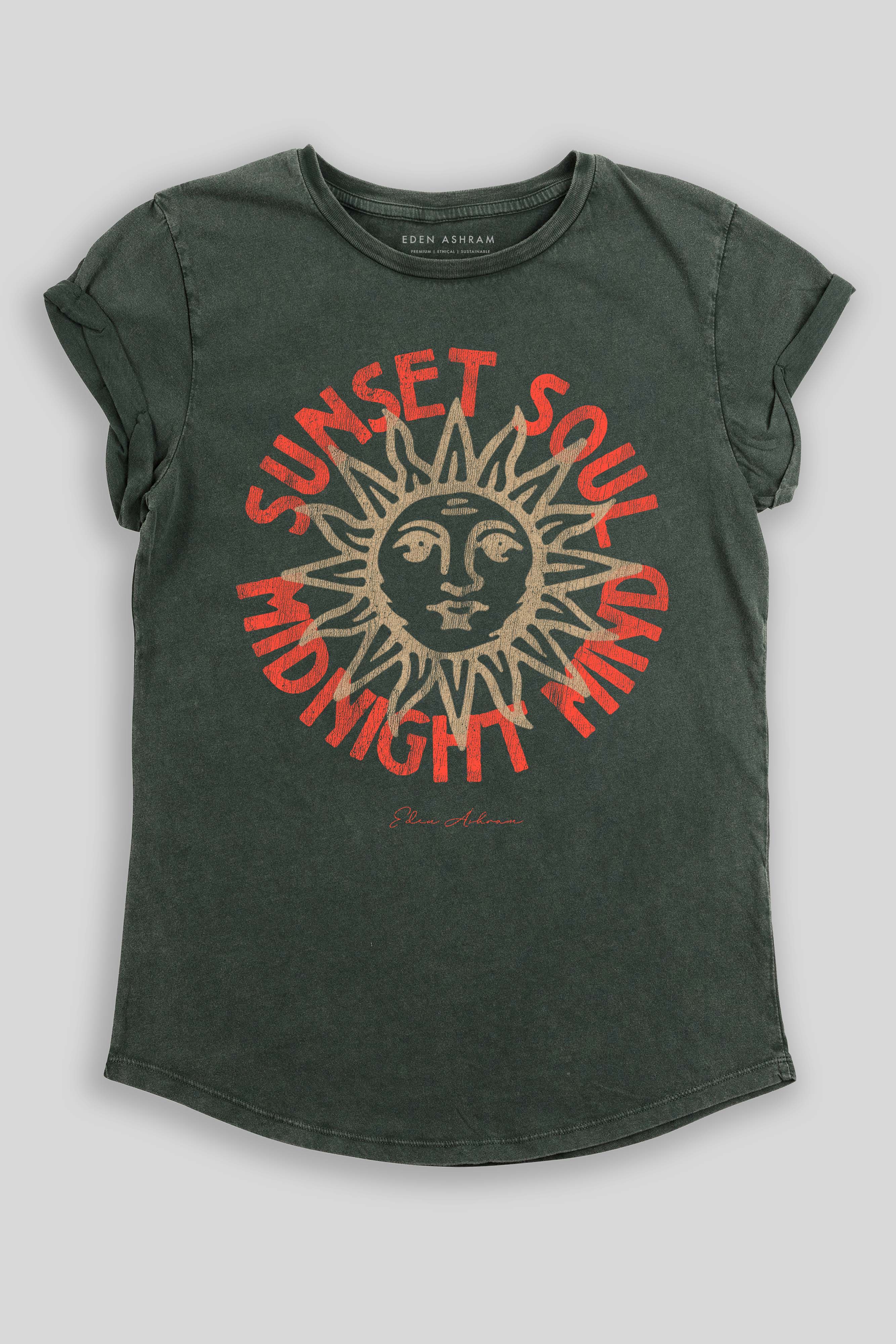 Eden Ashram Sunset Soul - Midnight Mind Premium Rolled Sleeve T-Shirt Stonewash Green