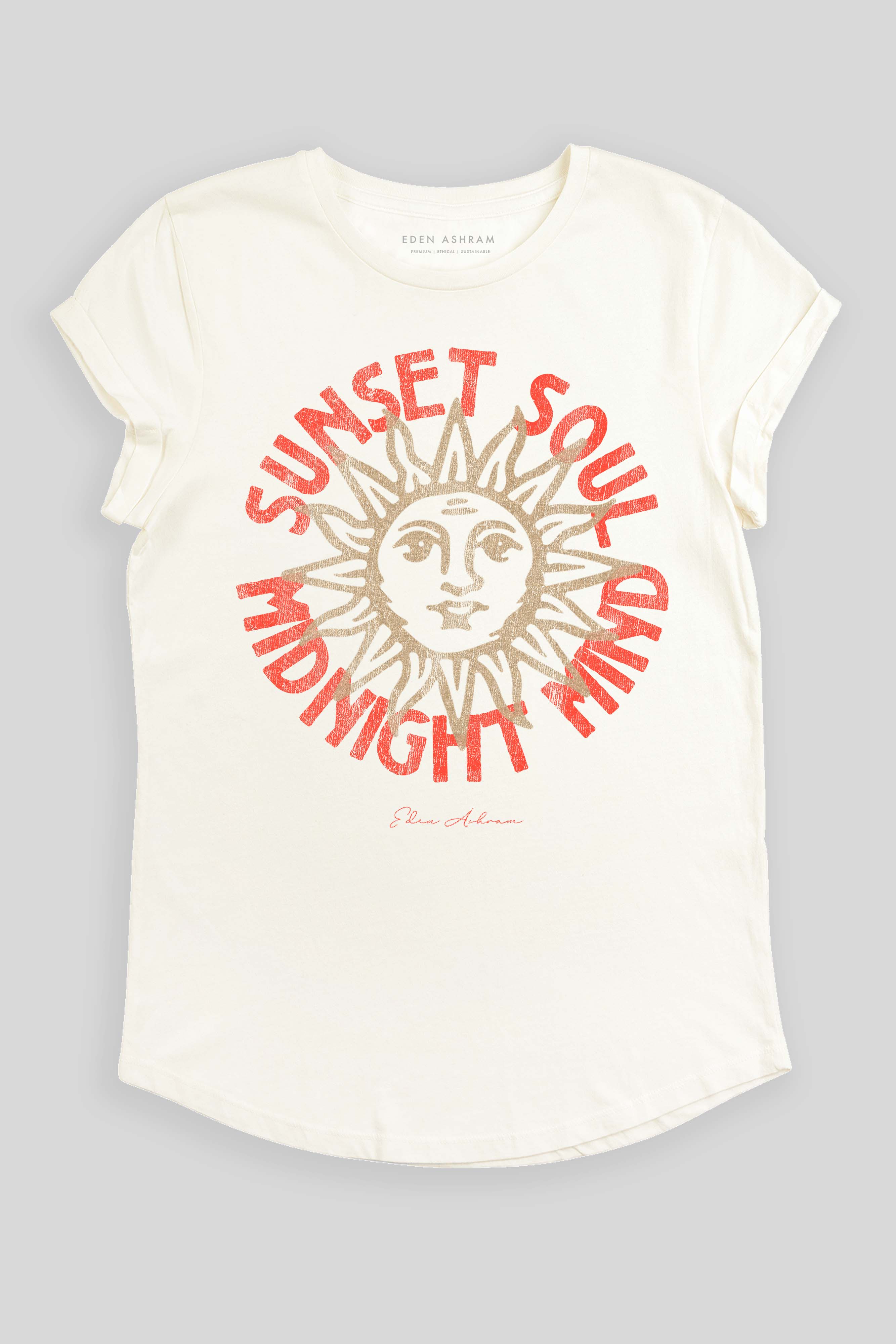 Eden Ashram Sunset Soul - Midnight Mind Premium Rolled Sleeve T-Shirt Stonewash White