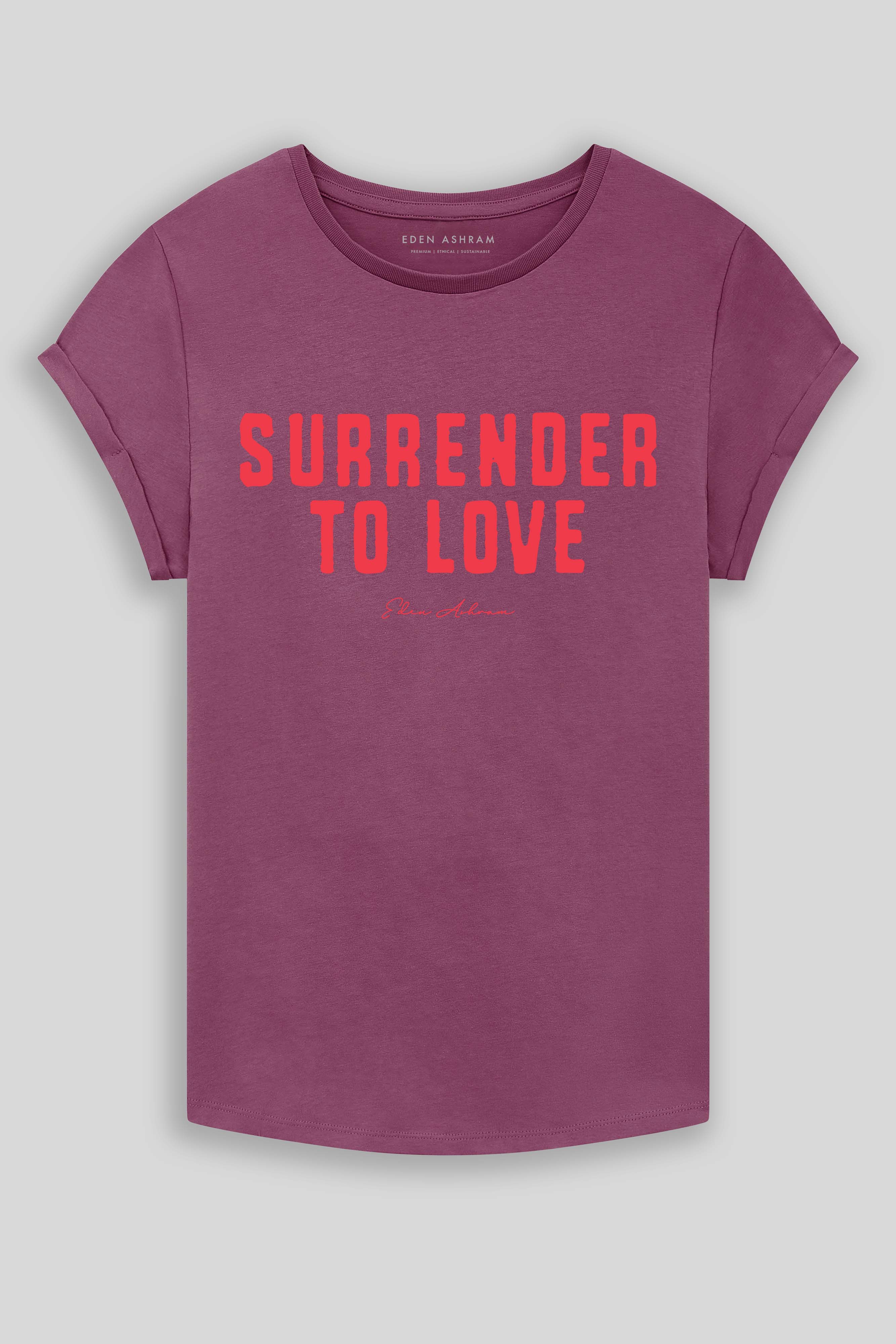 Eden Ashram Surrender To Love Premium Rolled Sleeve T-Shirt Faded Burgundy