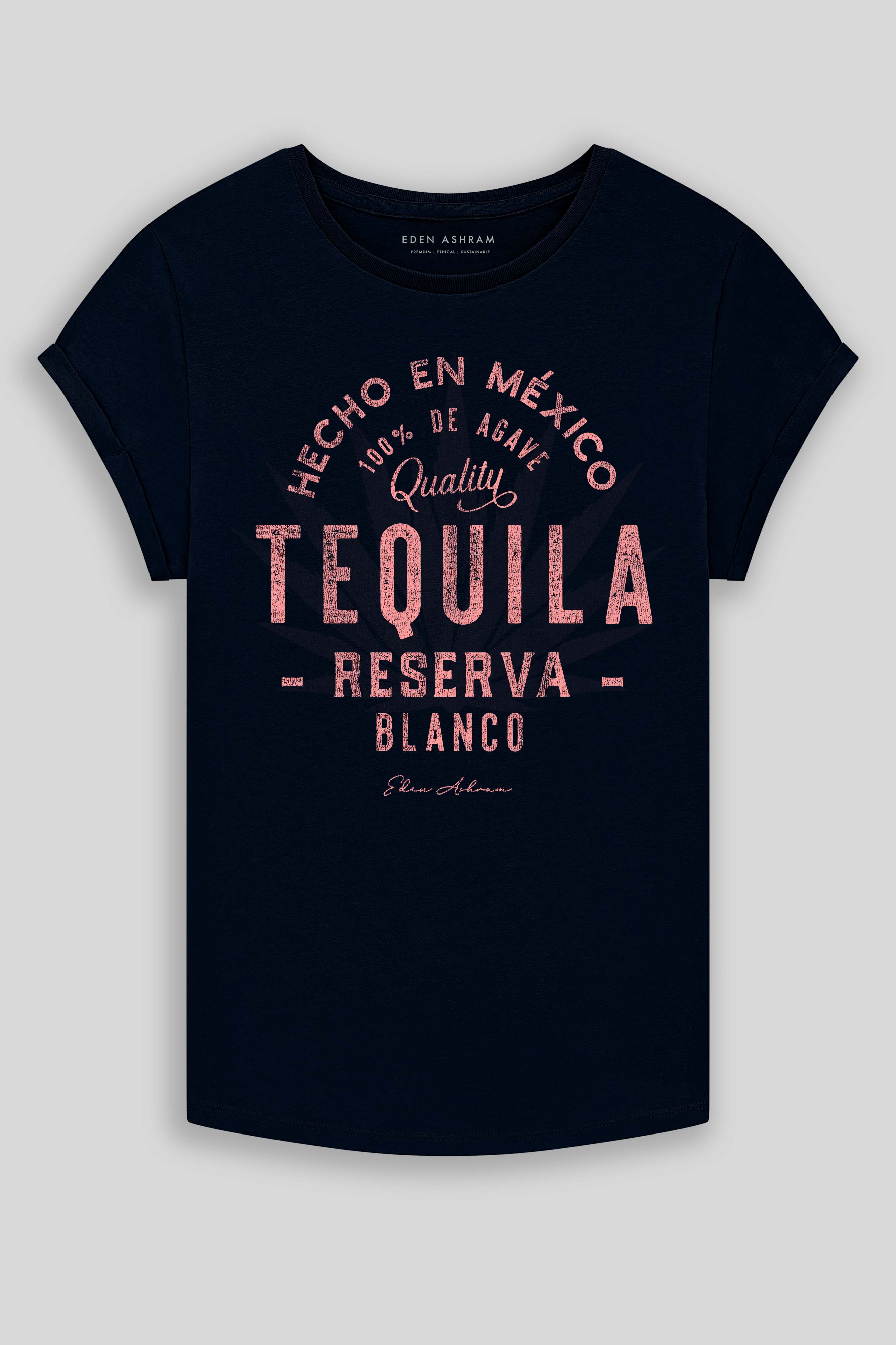 Eden Ashram Tequila Premium Rolled Sleeve T-Shirt Dark Navy