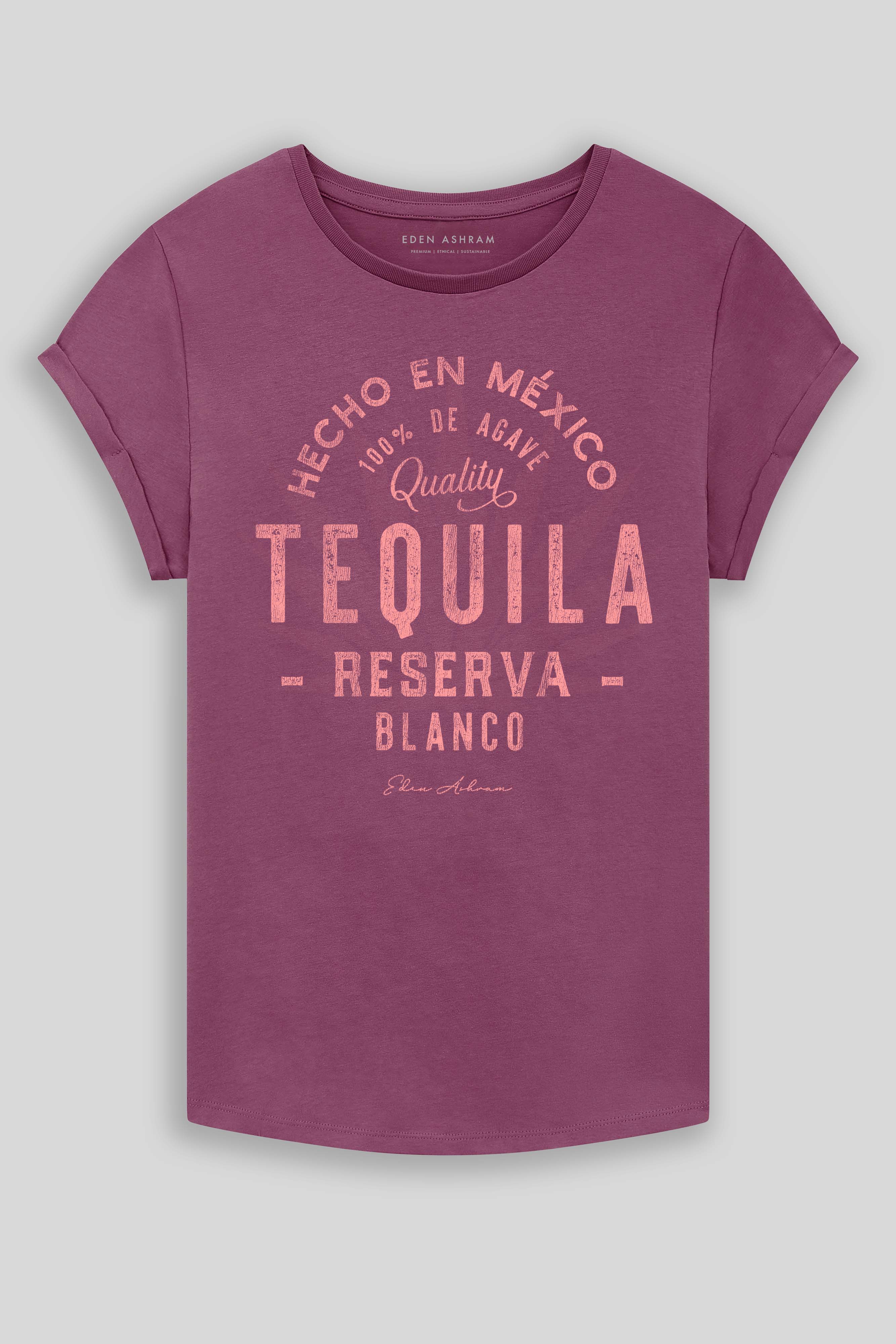 Eden Ashram Tequila Premium Rolled Sleeve T-Shirt Faded Burgundy