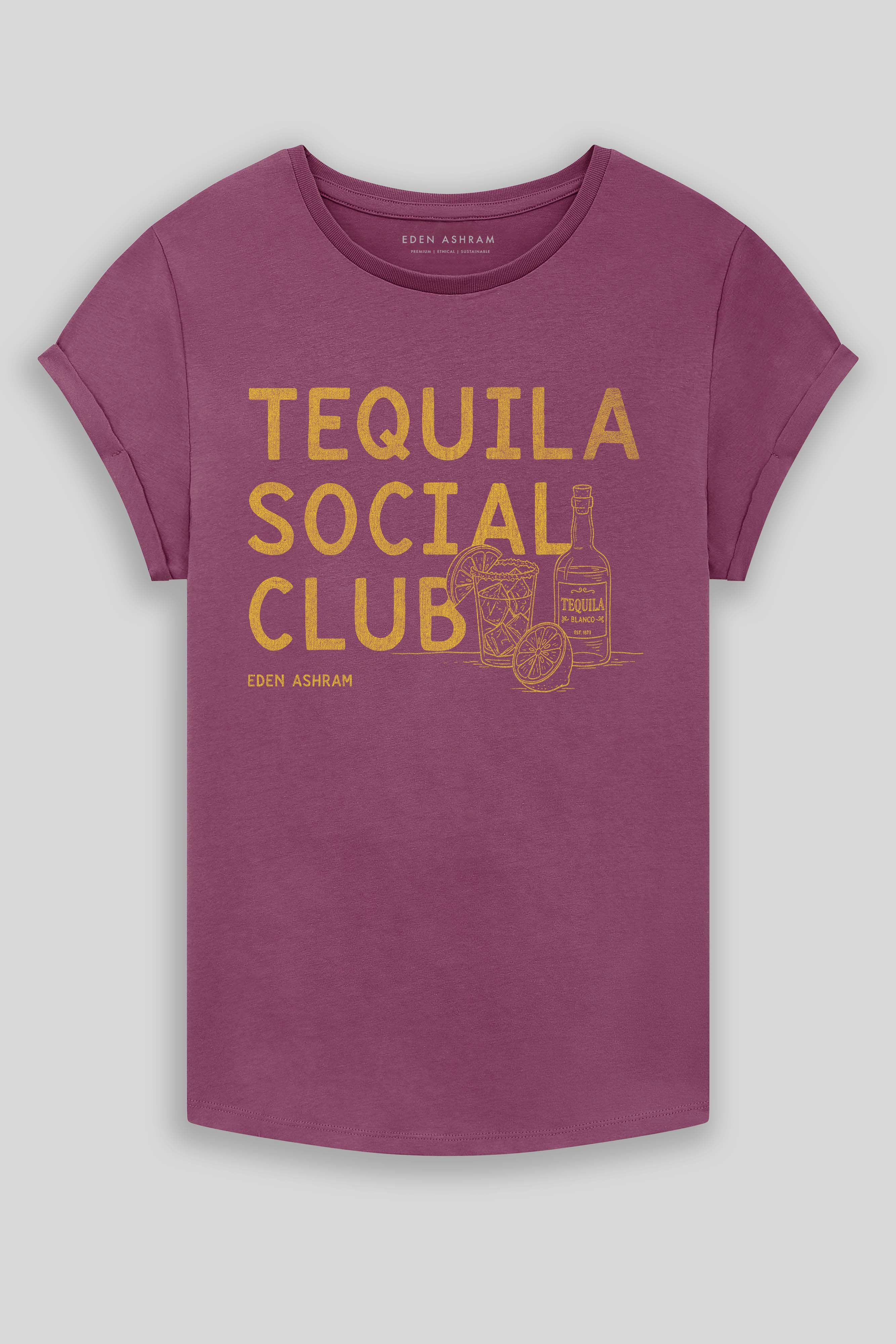 Eden Ashram Tequila Social Club Premium Rolled Sleeve T-Shirt Faded Burgundy