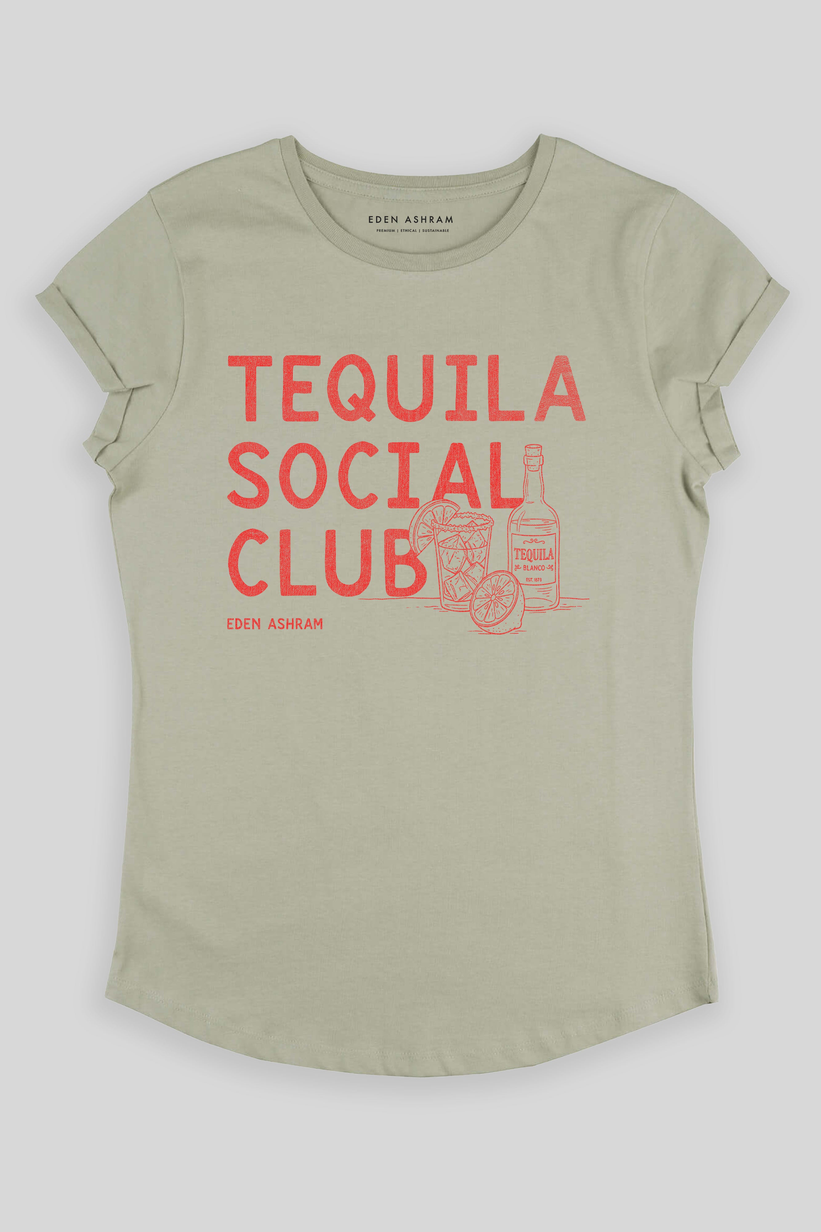 Eden Ashram Tequila Social Club Premium Rolled Sleeve T-Shirt Light Olive