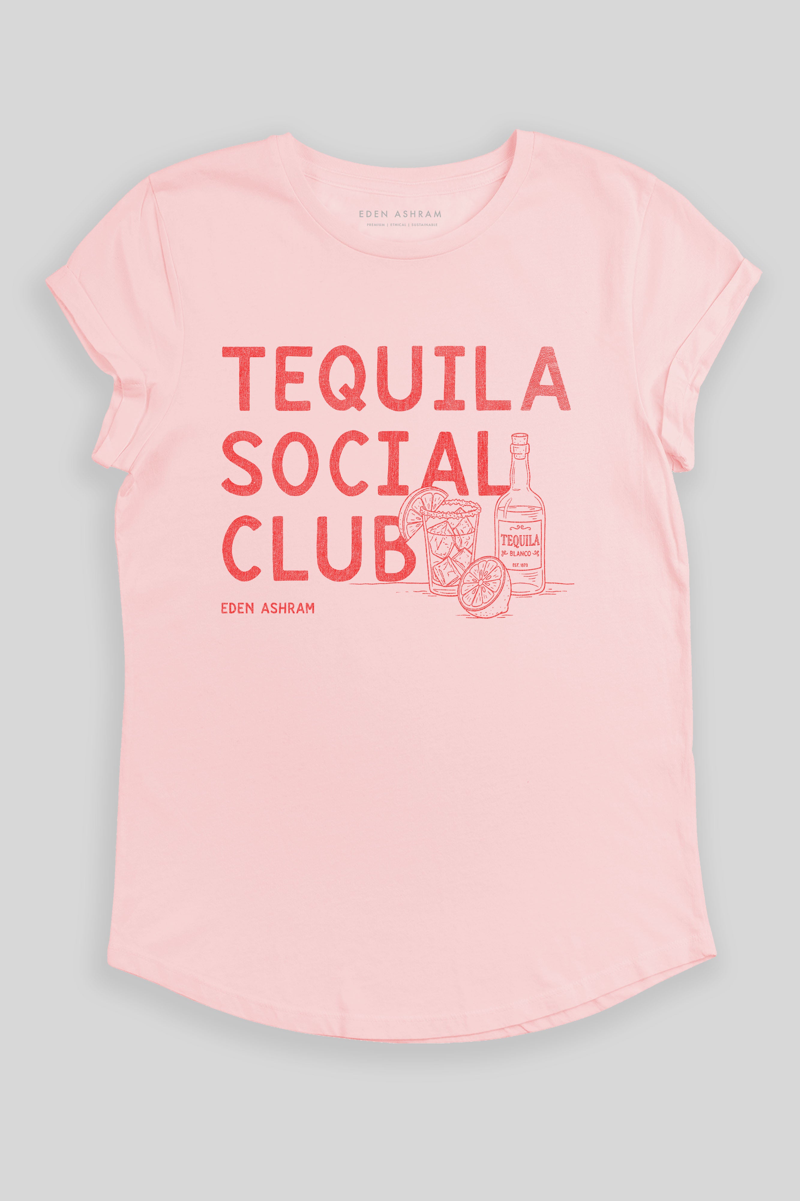 Eden Ashram Tequila Social Club Premium Rolled Sleeve T-Shirt Stonewash Pink