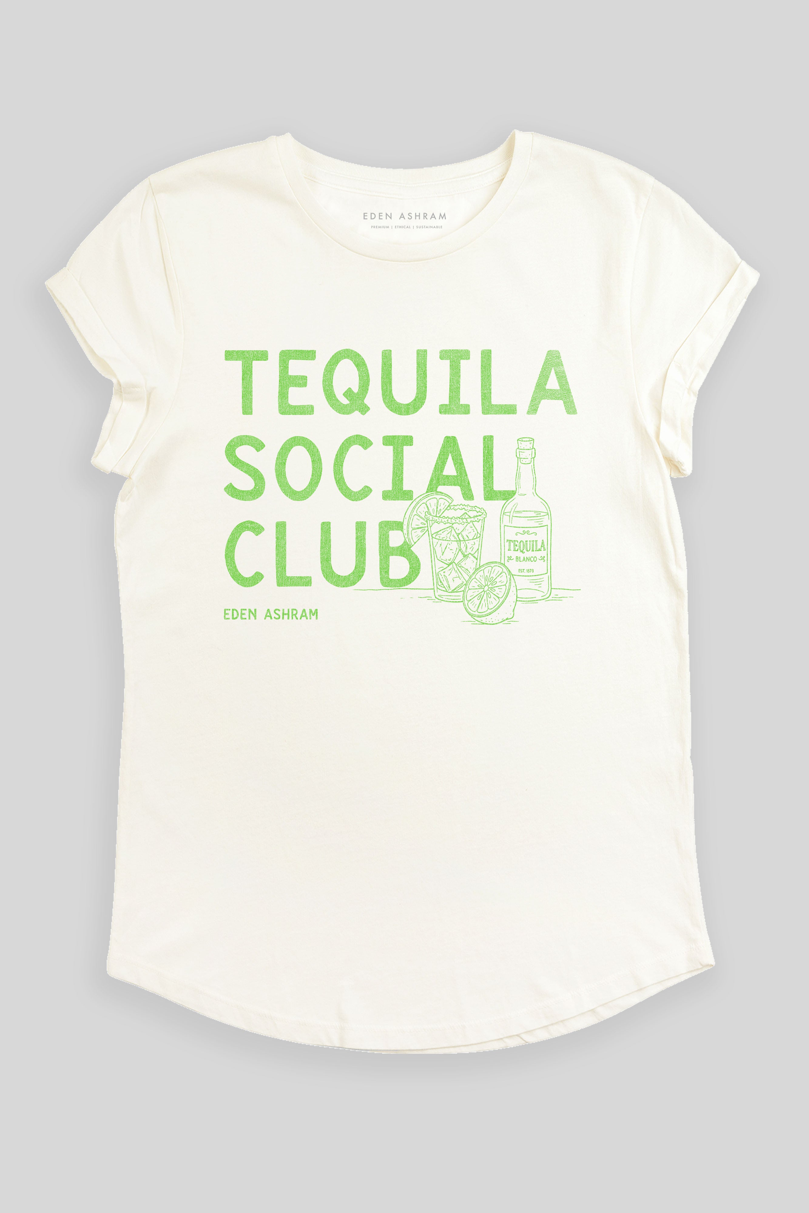 Eden Ashram Tequila Social Club Premium Rolled Sleeve T-Shirt Stonewash White