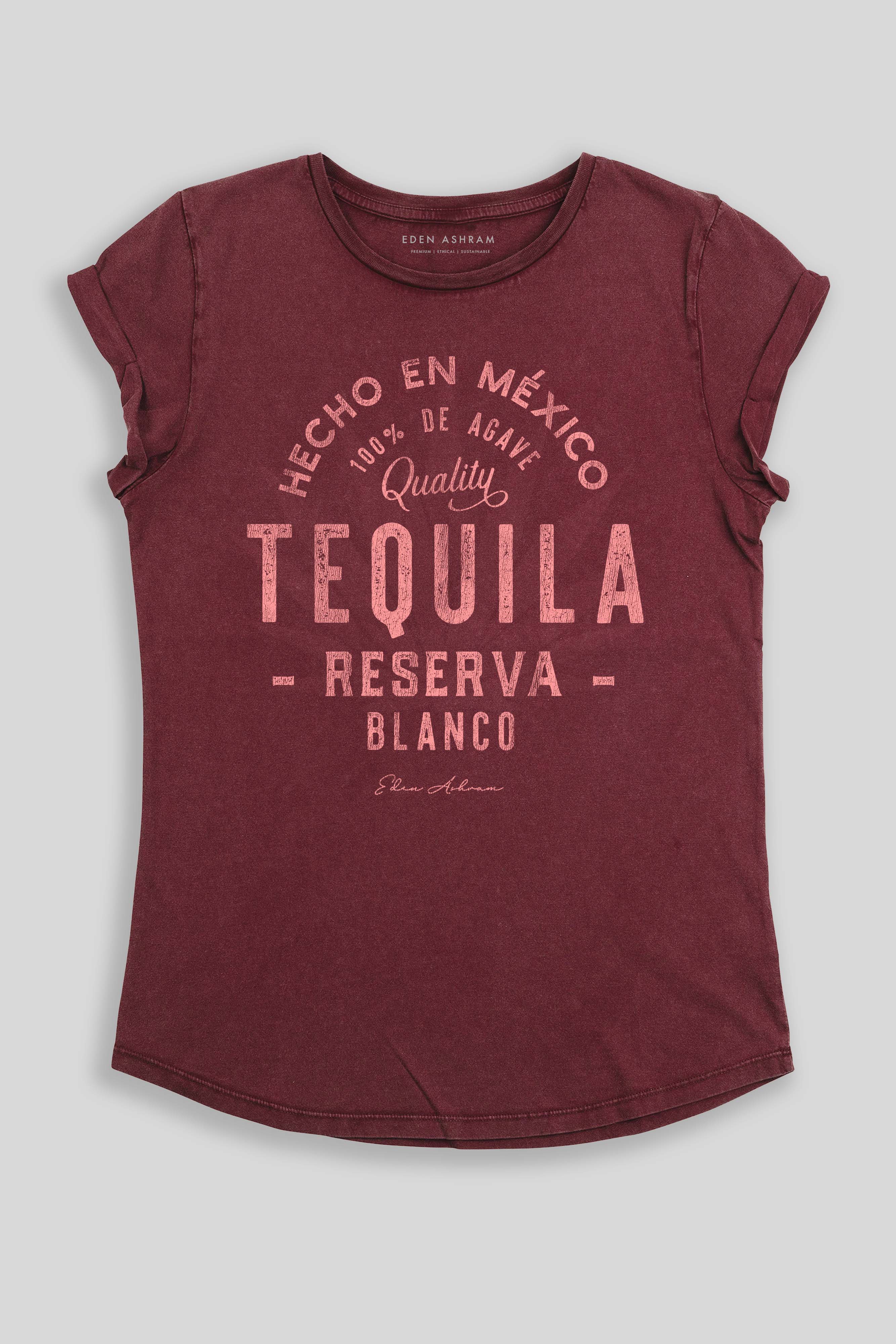 Eden Ashram Tequila Premium Rolled Sleeve T-Shirt Stonewash Burgundy
