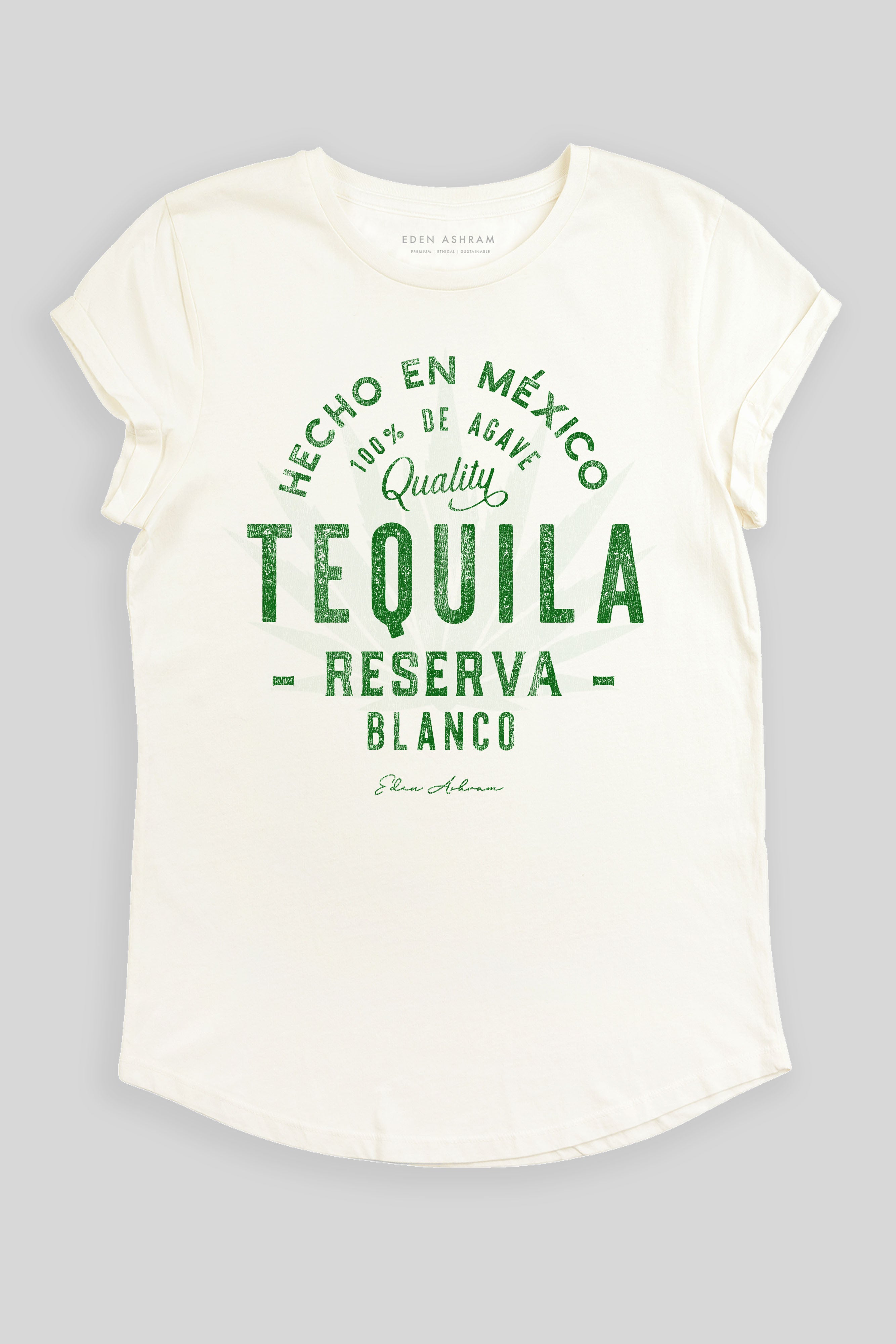 Eden Ashram Tequila Premium Rolled Sleeve T-Shirt Stonewash White