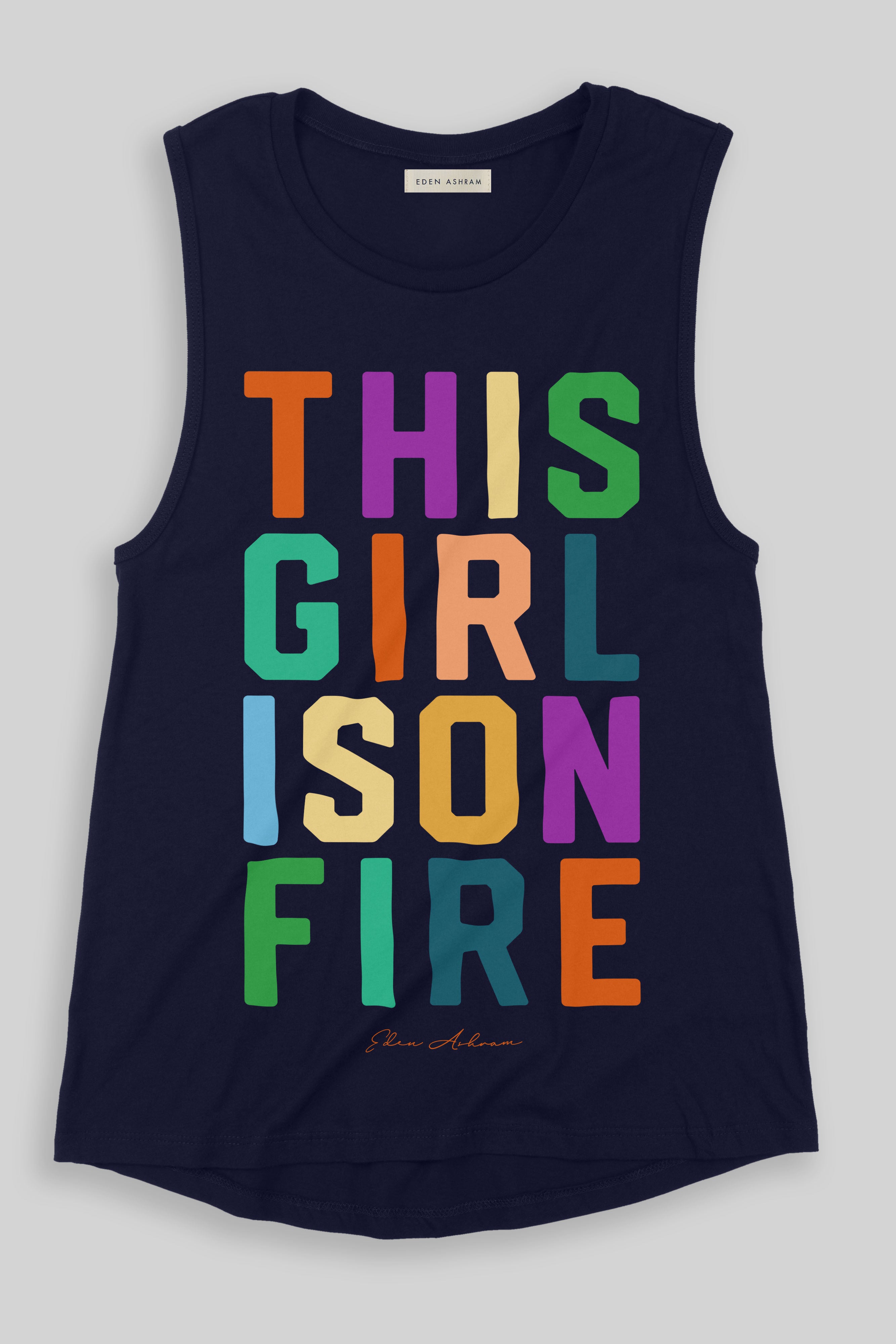 EDEN ASHRAM This Girl Is On Fire Jersey Muscle Tank Navy