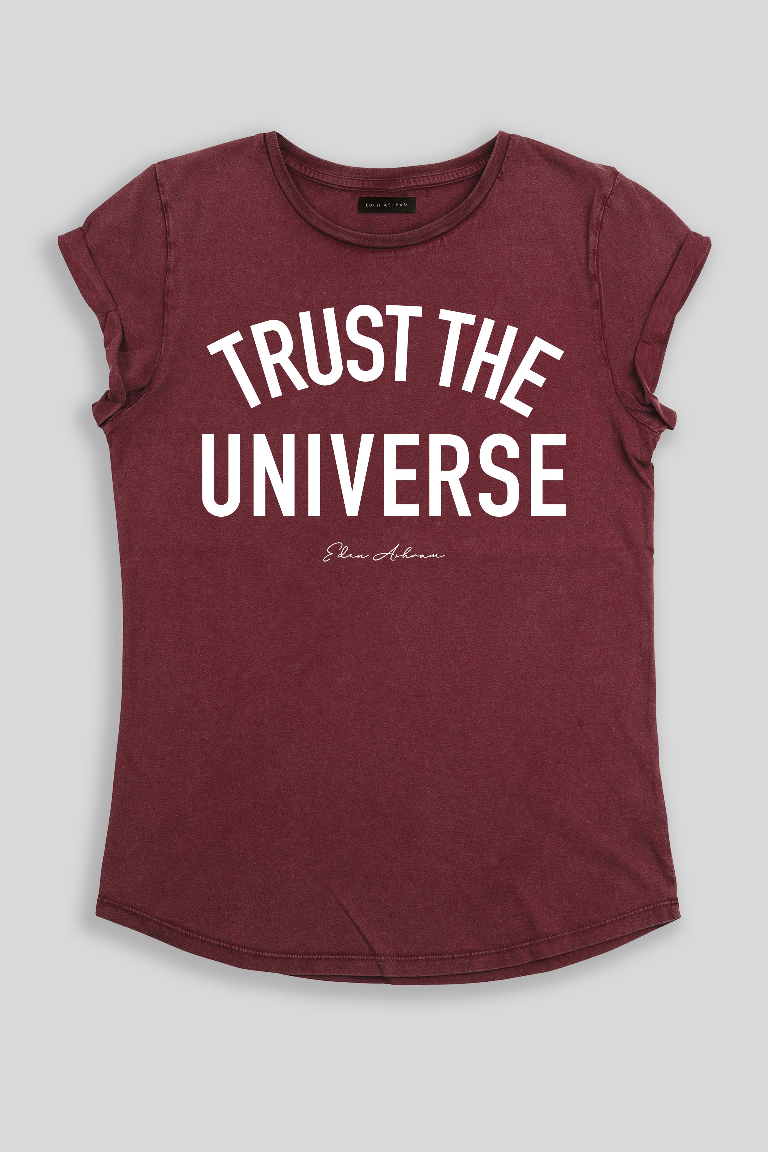 Eden Ashram Trust The Universe Premium Rolled Sleeve T-Shirt Stonewash Burgundy