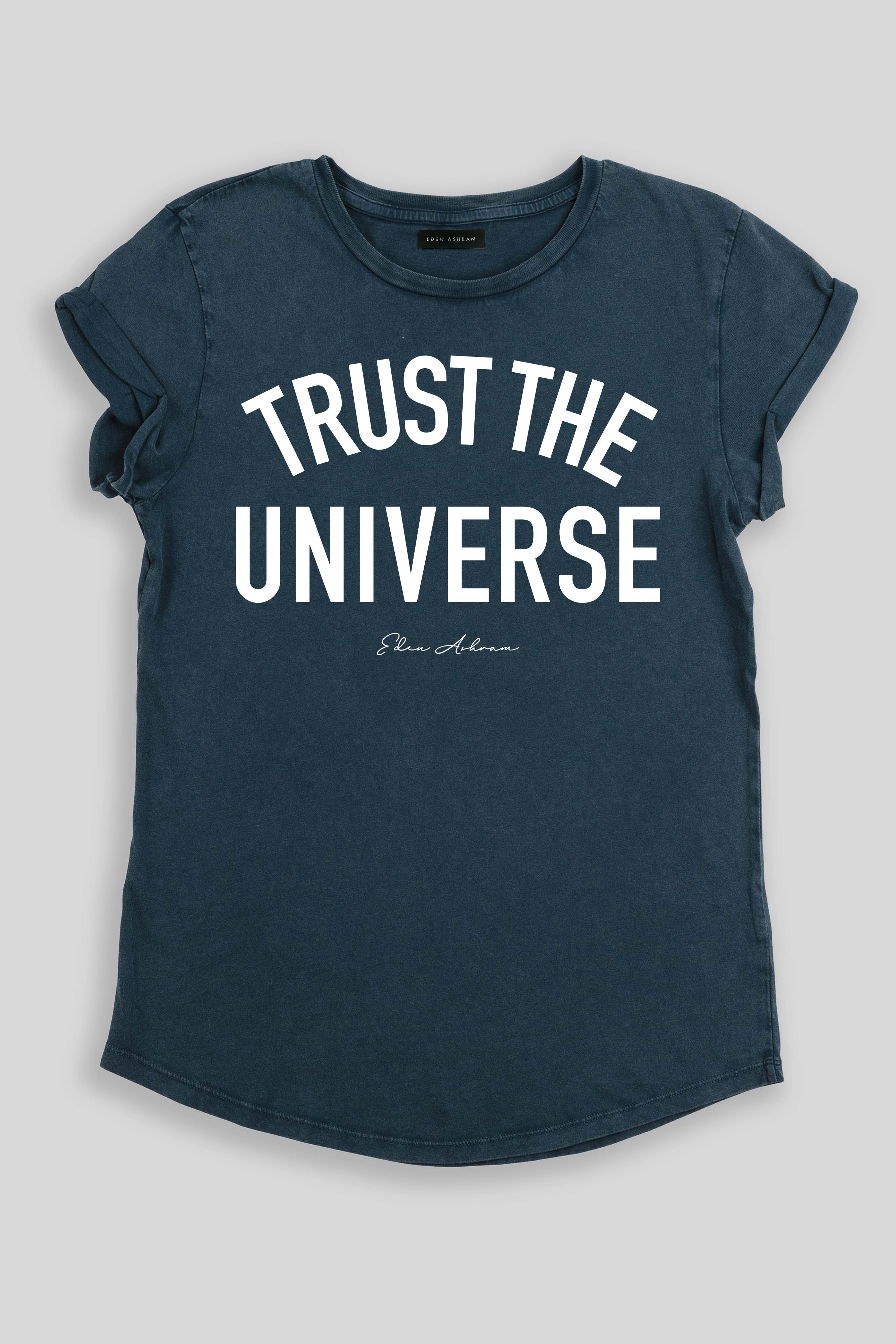 Eden Ashram Trust The Universe Premium Rolled Sleeve T-Shirt Stonewash Denim