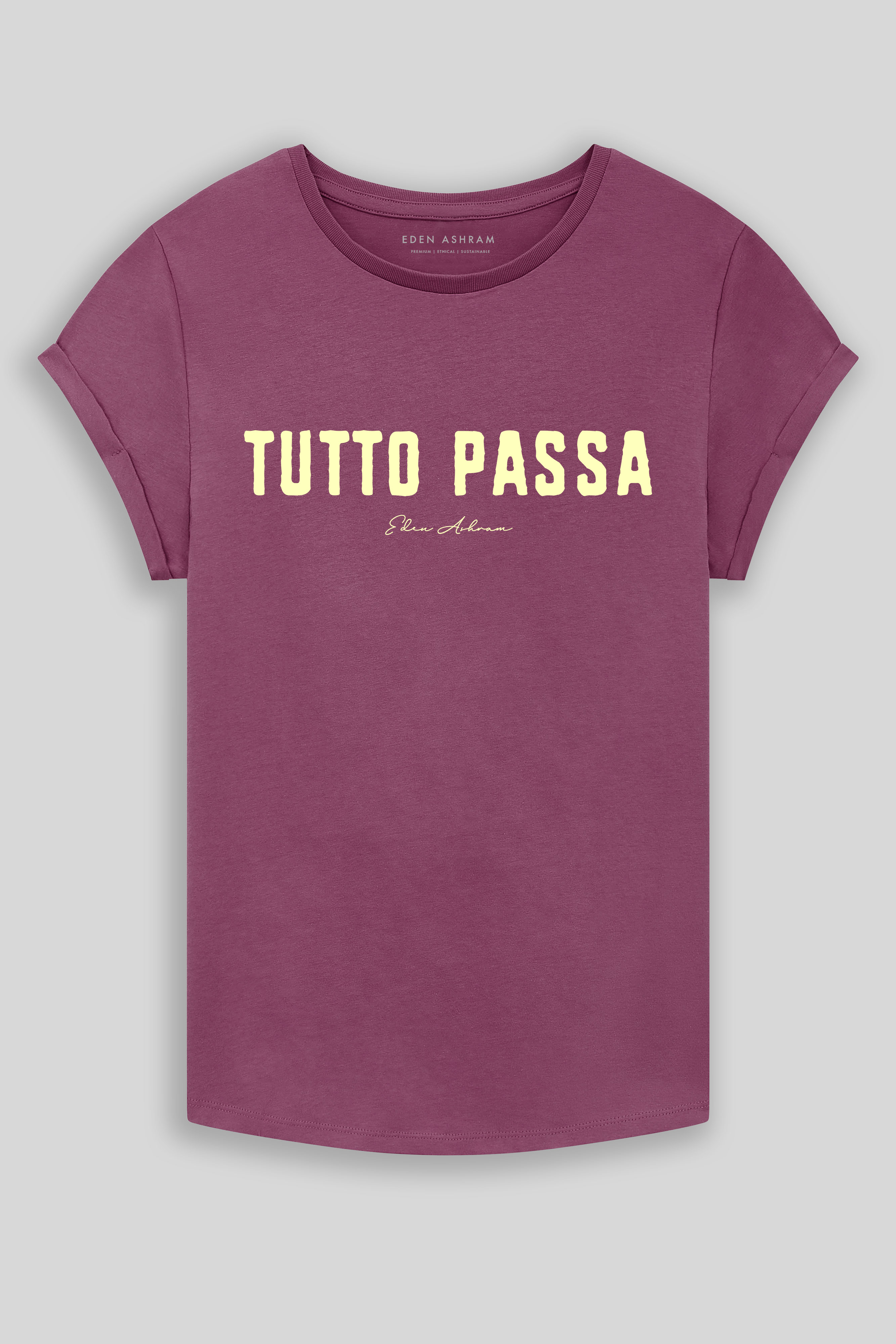 Eden Ashram Tutto Passa Premium Rolled Sleeve T-Shirt Faded Burgundy