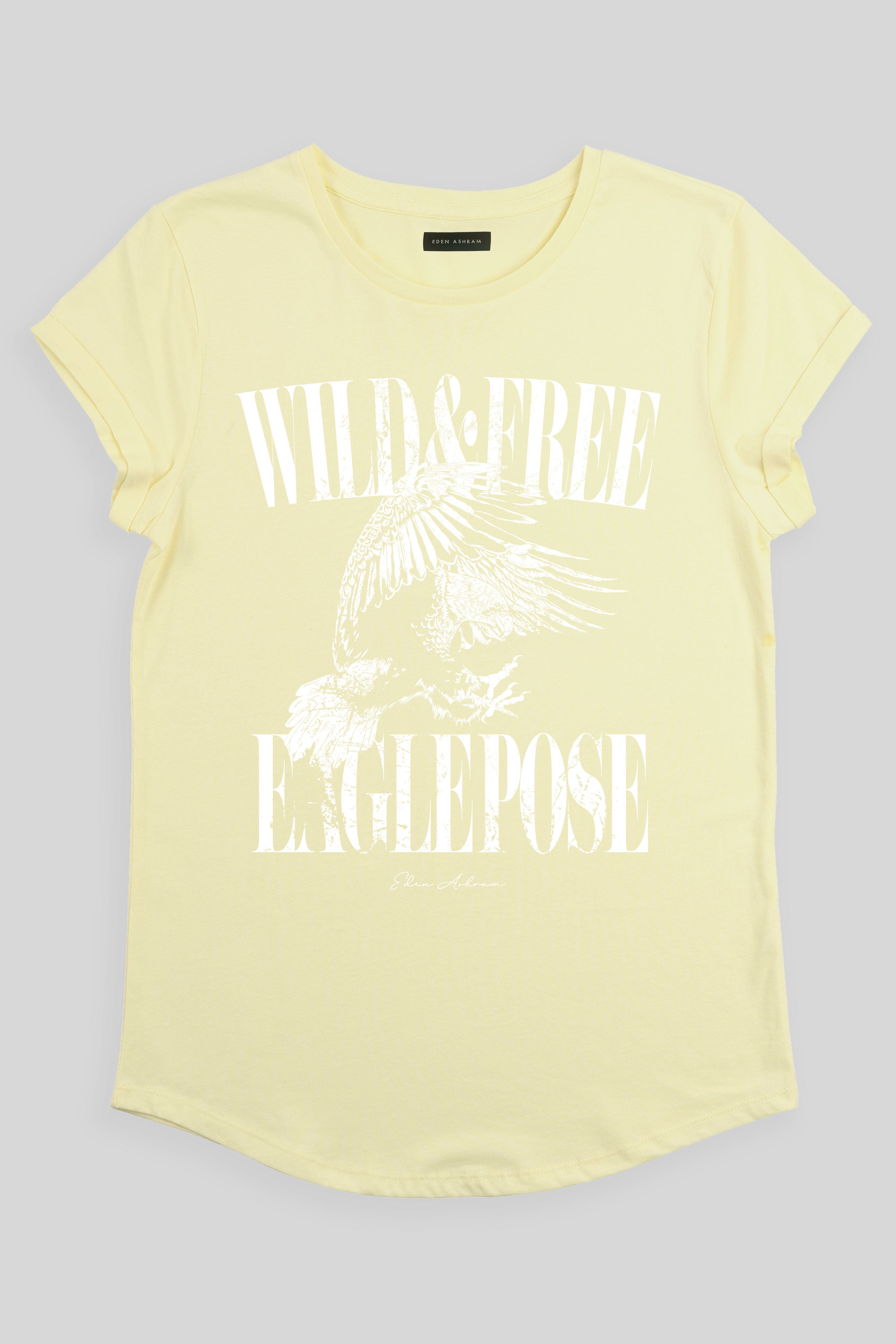 EDEN ASHRAM Eagle Pose | Wild & Free Organic Rolled Sleeve T-Shirt - Red Pale Lemon