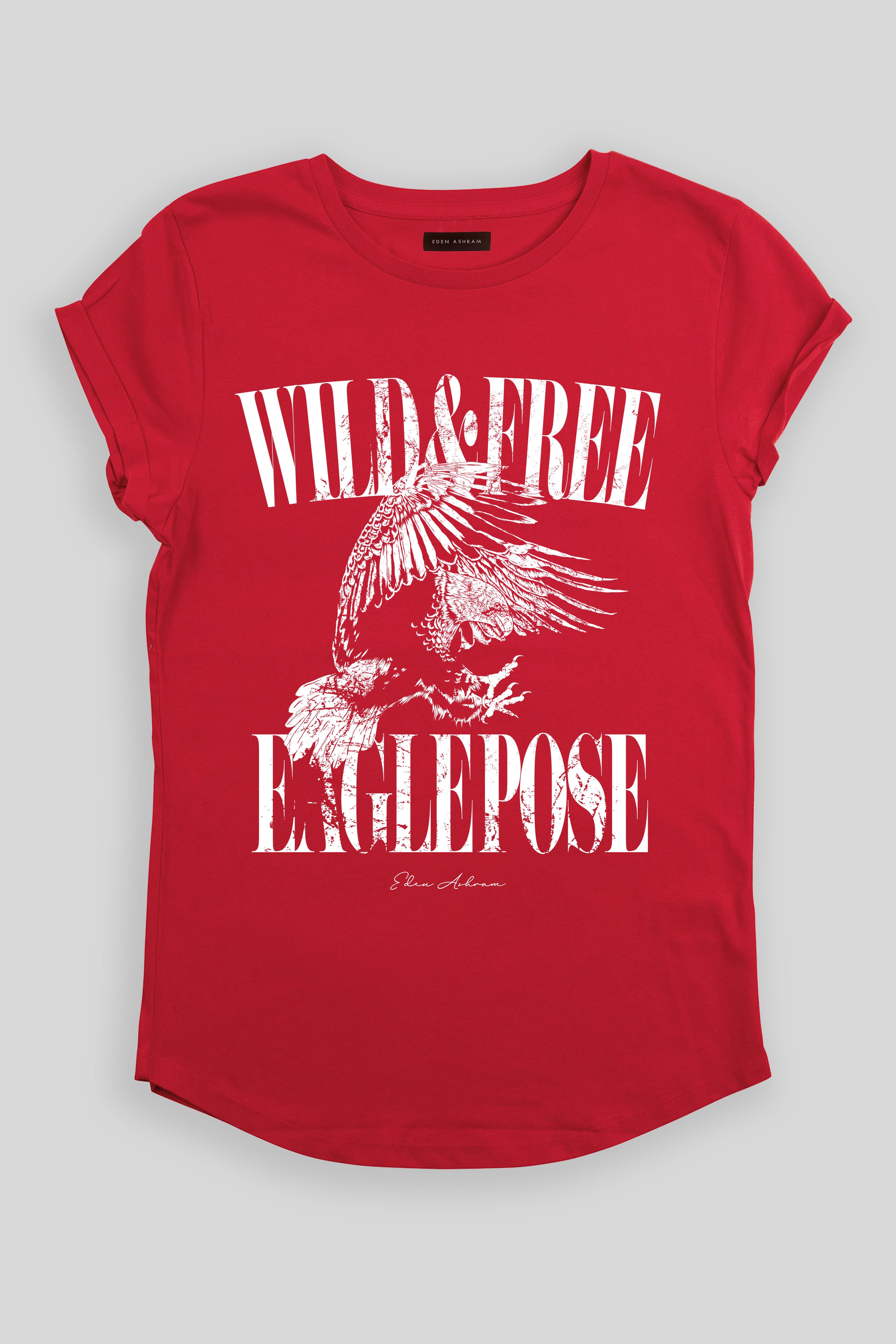 EDEN ASHRAM Eagle Pose | Wild & Free Organic Rolled Sleeve T-Shirt - Red Red