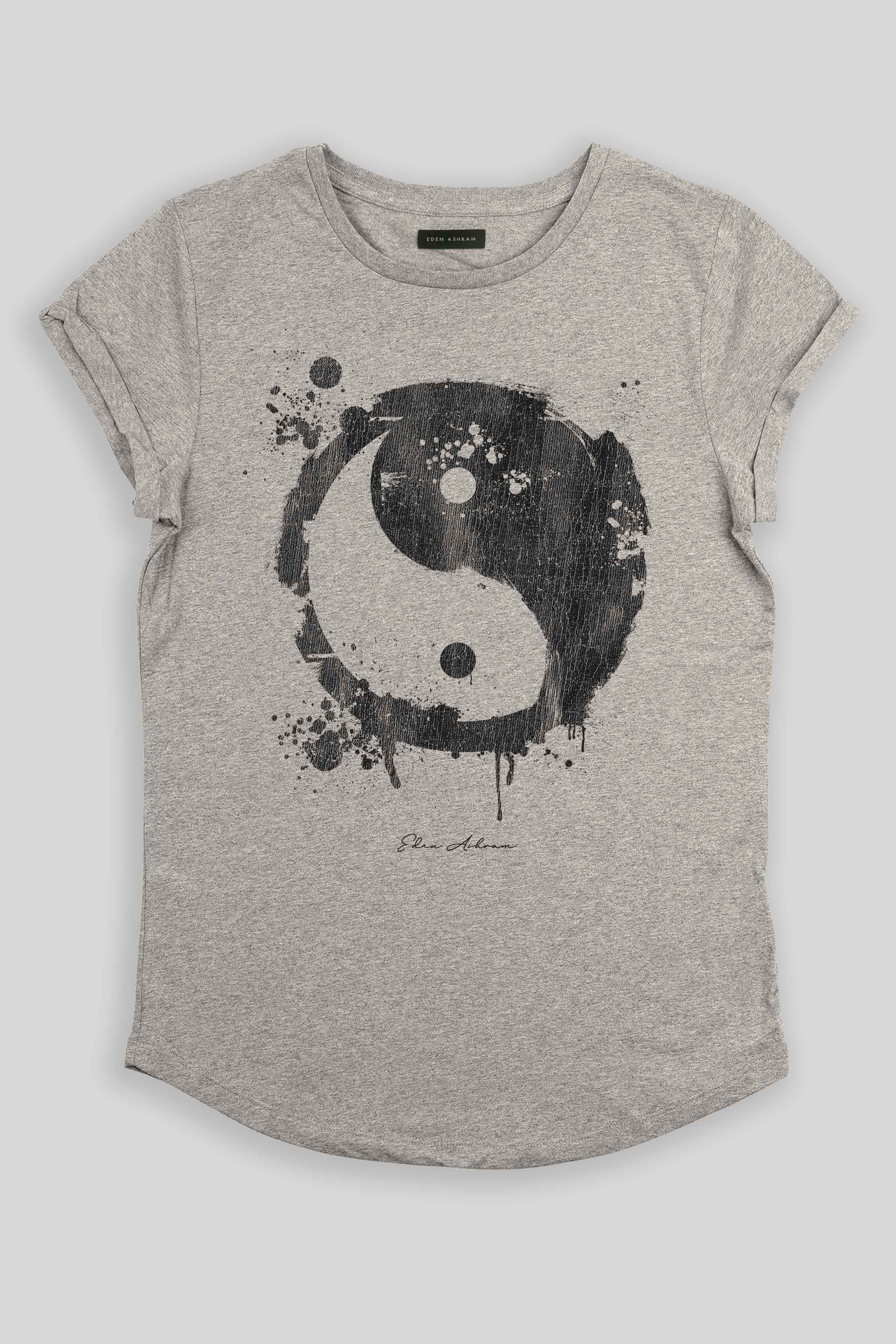 Eden Ashram Graffiti Yin Yang Premium Rolled Sleeve T-Shirt Heather Grey