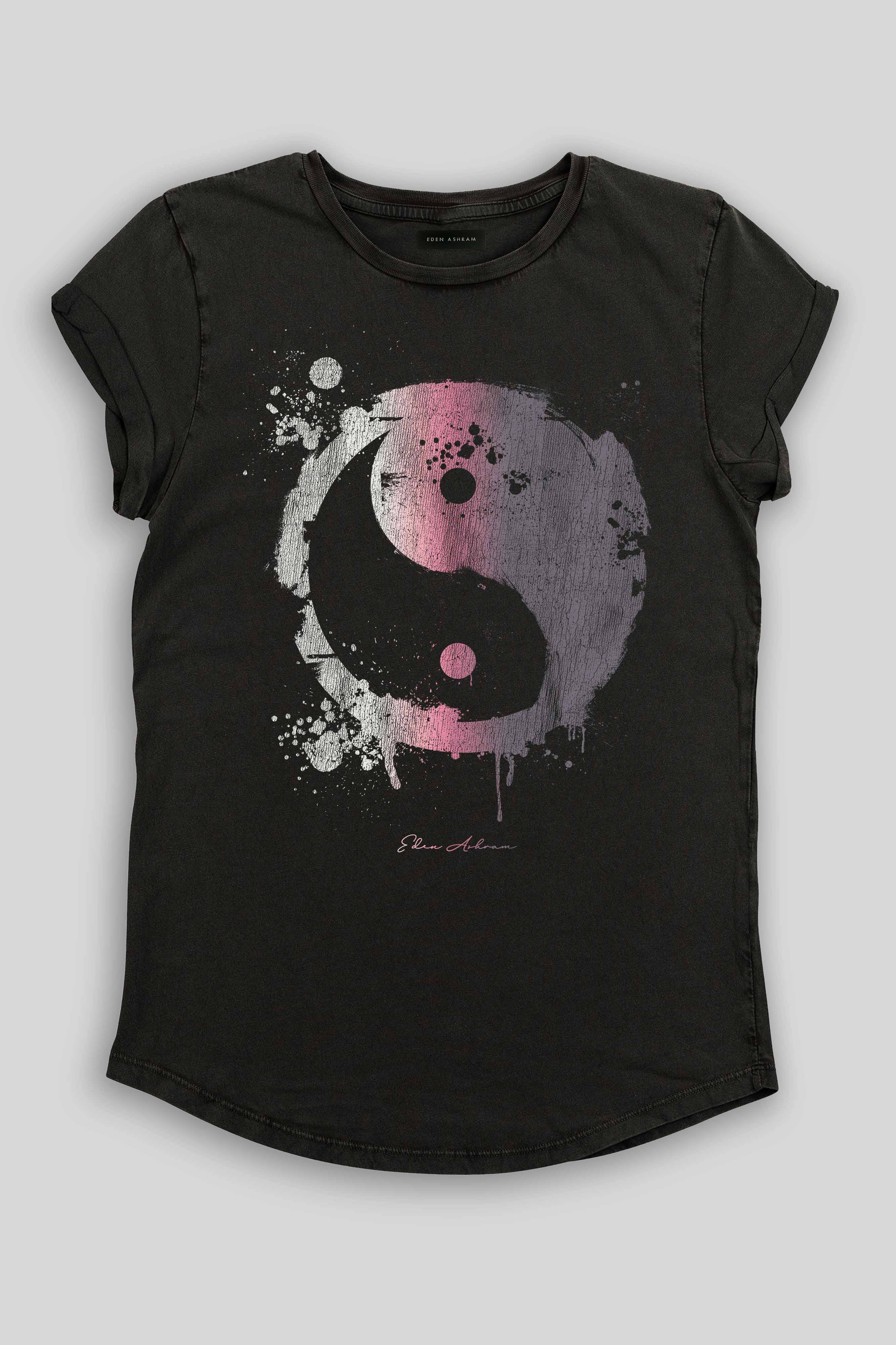 Eden Ashram Graffiti Yin Yang Premium Rolled Sleeve T-Shirt Stonewash Black
