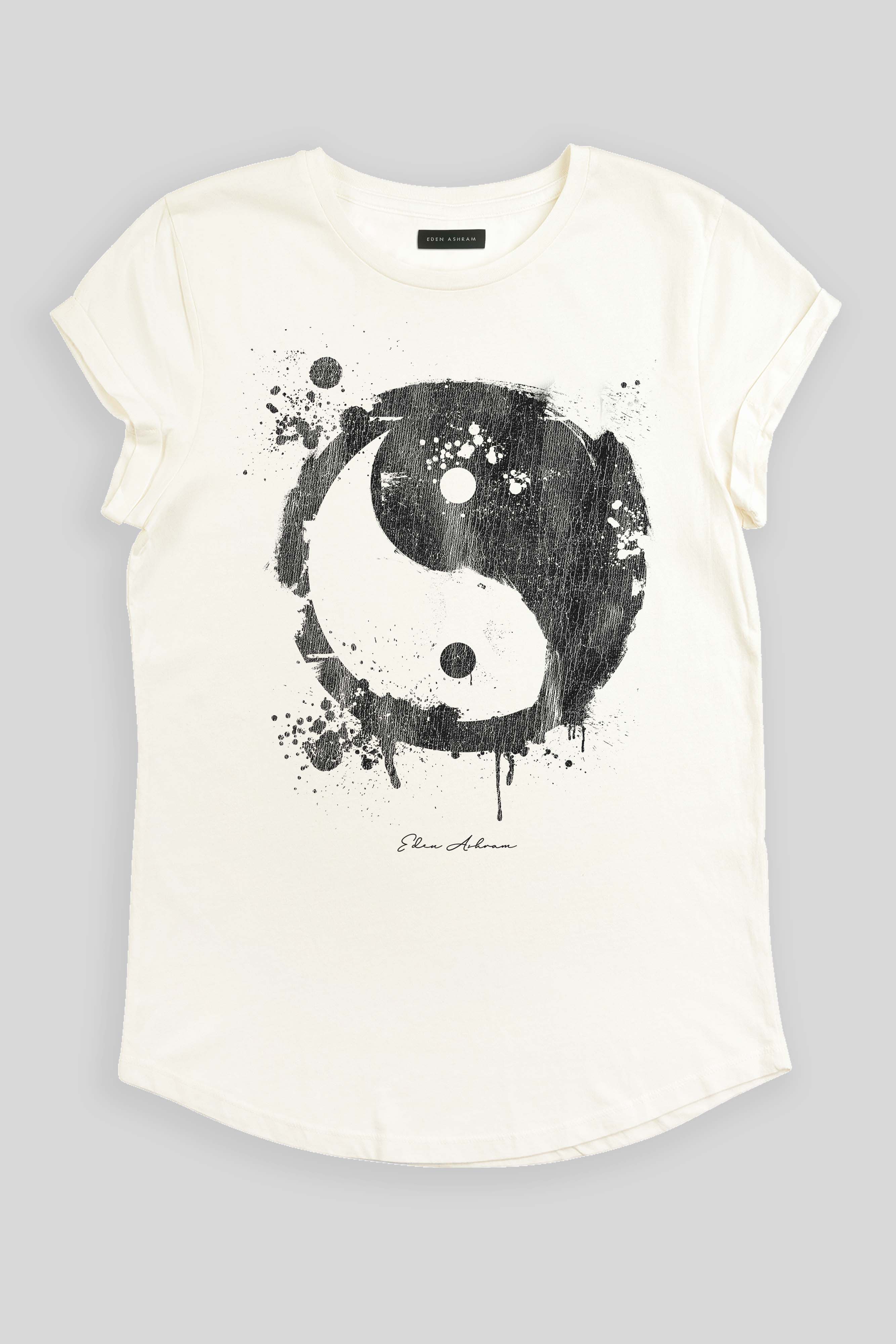 Eden Ashram Graffiti Yin Yang Premium Rolled Sleeve T-Shirt Stonewash White