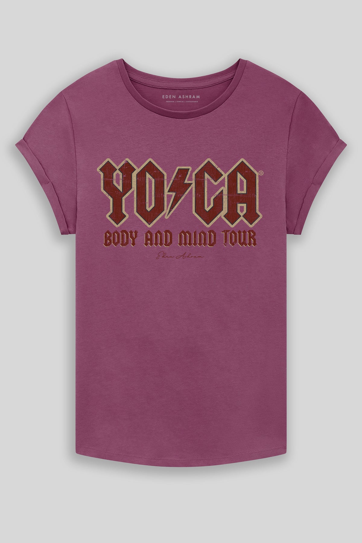 Eden Ashram The Original YOGA Tour Premium Rolled Sleeve T-Shirt Faded Burgundy