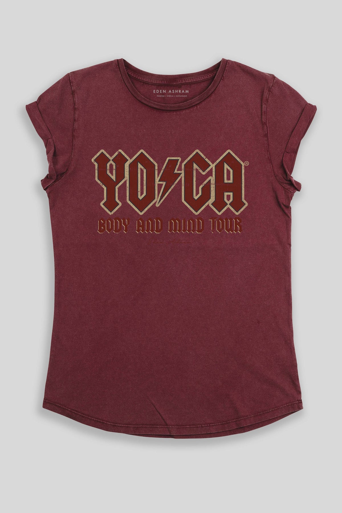 Eden Ashram The Original YOGA Tour Premium Rolled Sleeve T-Shirt Stonewash Burgundy