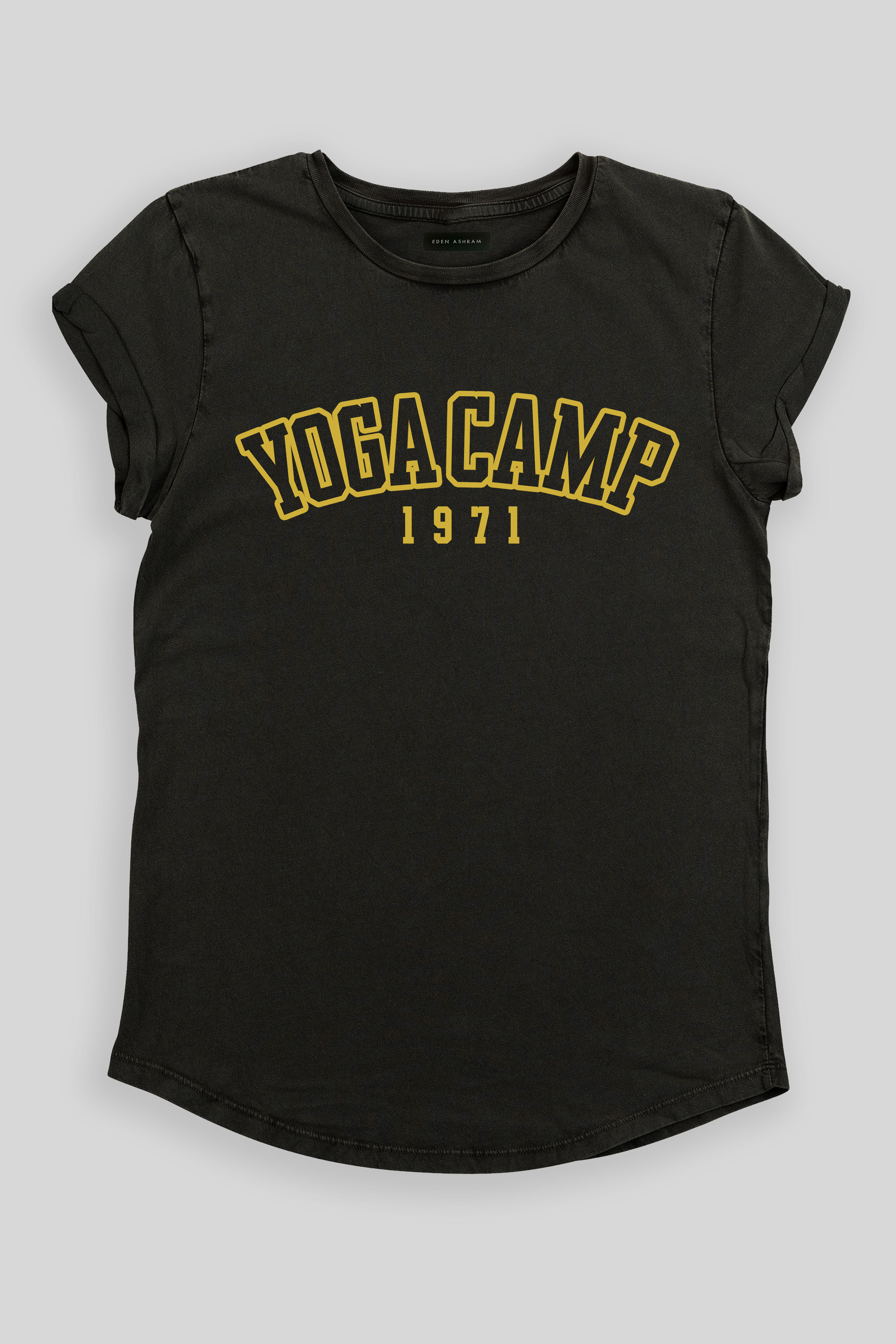 EDEN ASHRAM Yoga Camp 1971 Rolled Sleeve T-Shirt Stonewash Black