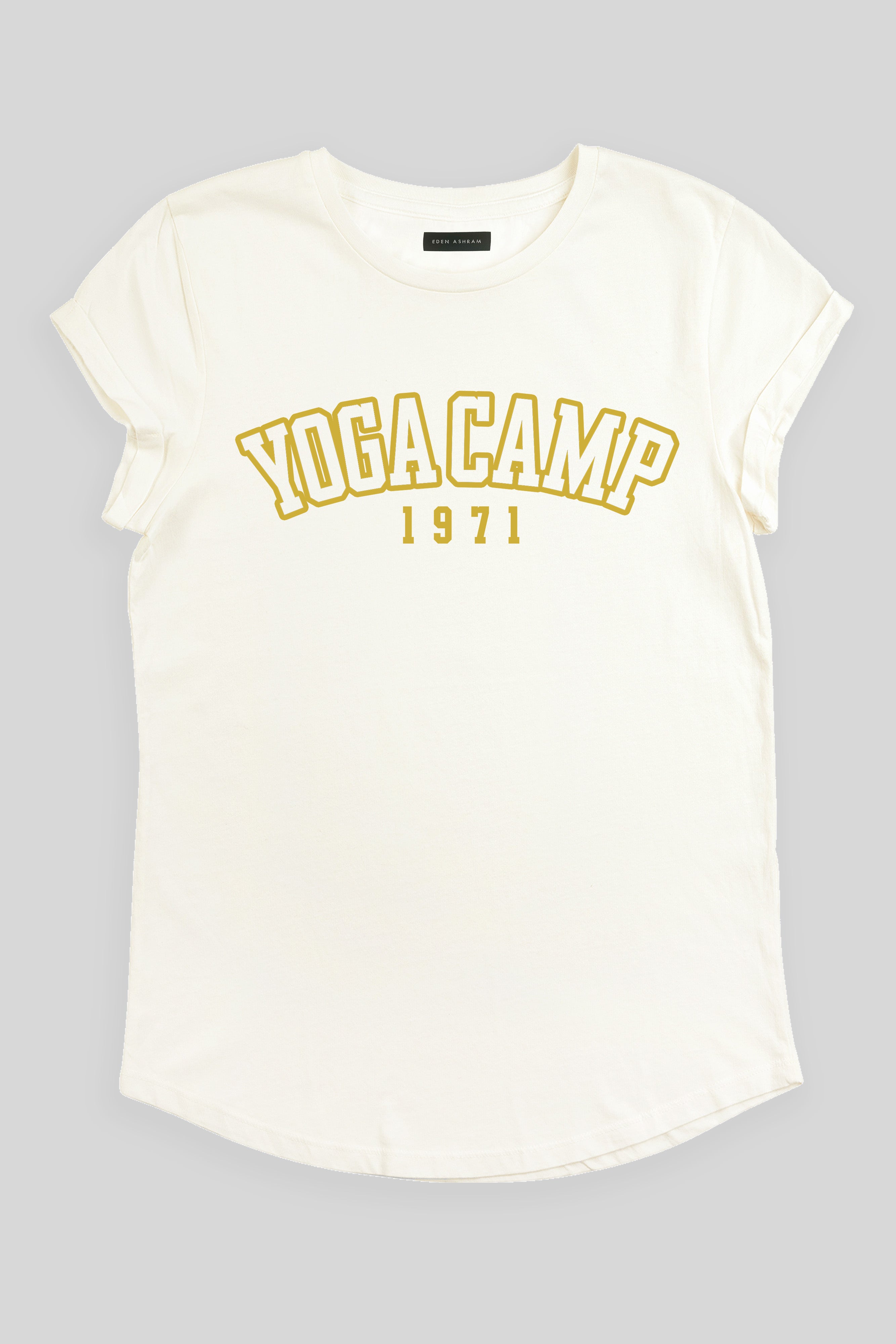 EDEN ASHRAM Yoga Camp 1971 Rolled Sleeve T-Shirt Stonewash White