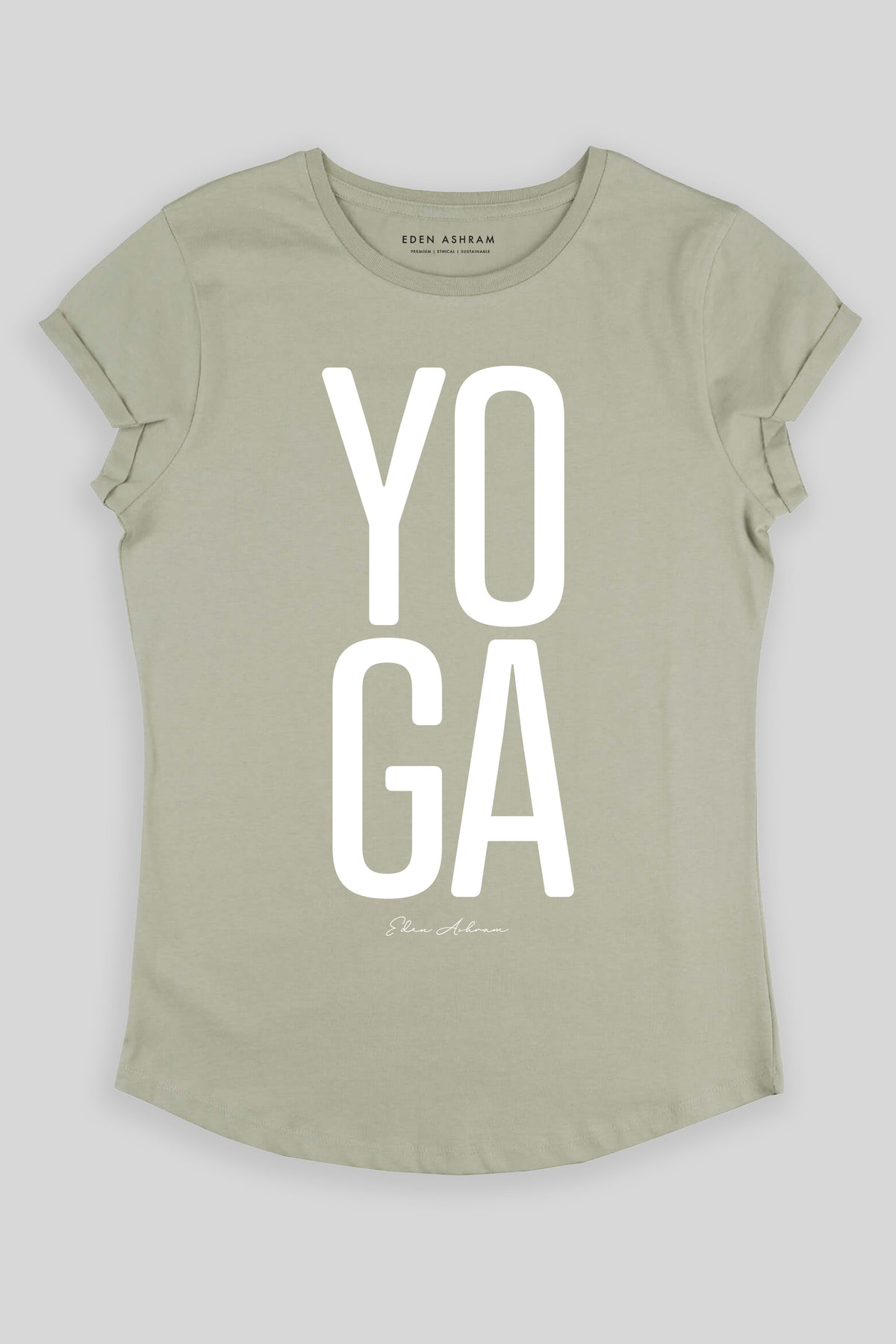Eden Ashram YOGA Premium Rolled Sleeve T-Shirt Light Olive