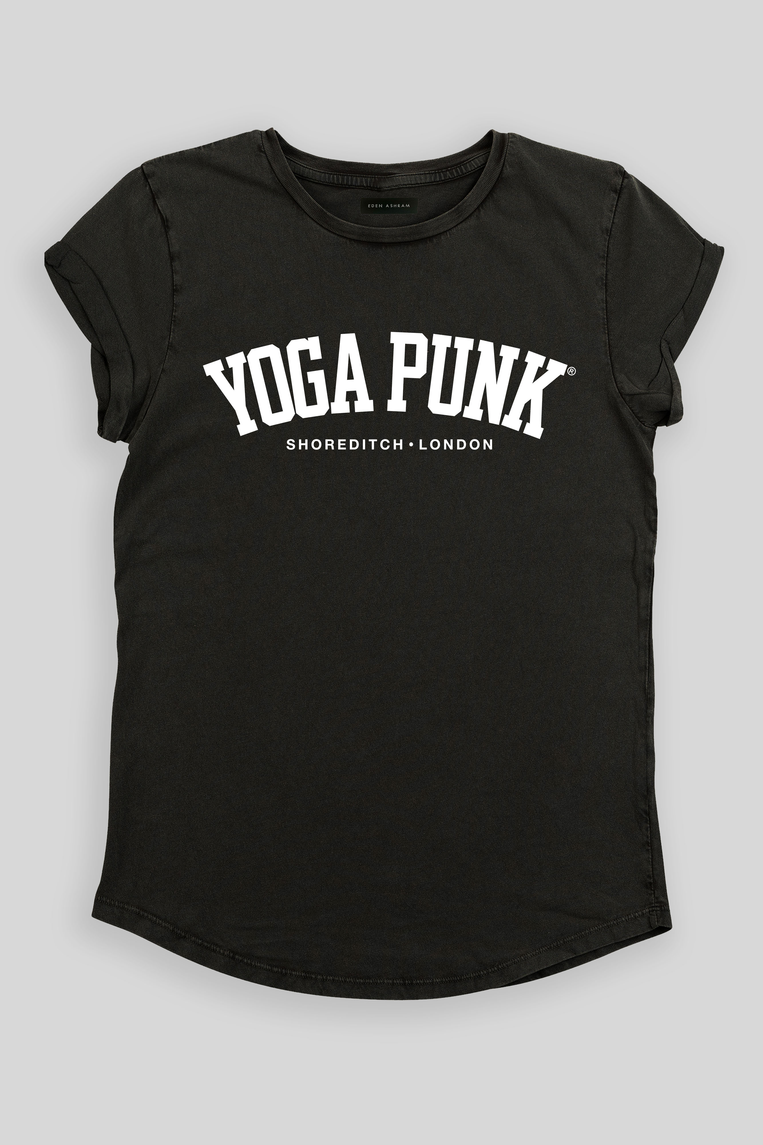 EDEN ASHRAM Yoga Punk® Rolled Sleeve T-Shirt Stonewash Black