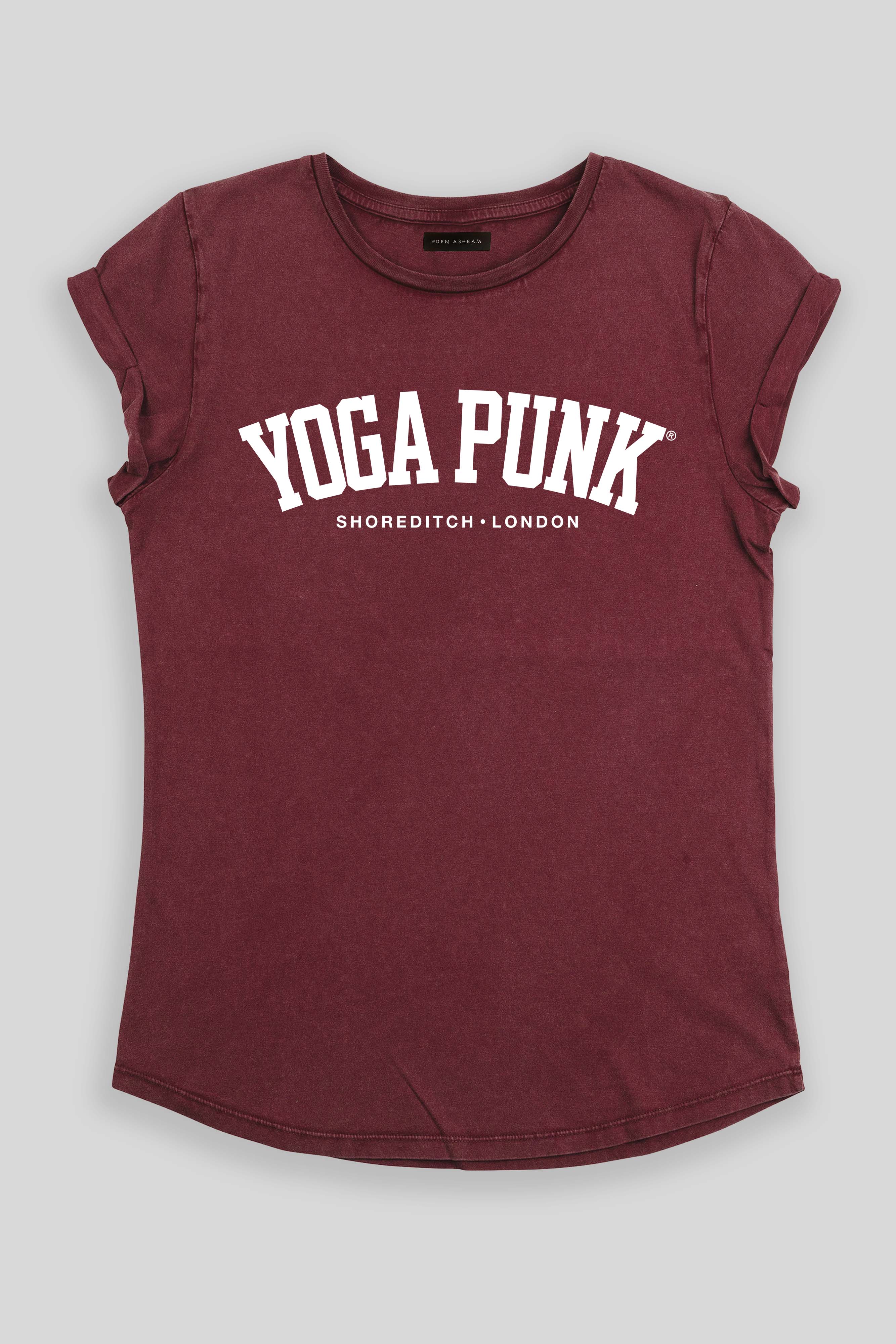 EDEN ASHRAM Yoga Punk® Rolled Sleeve T-Shirt Stonewash Burgundy