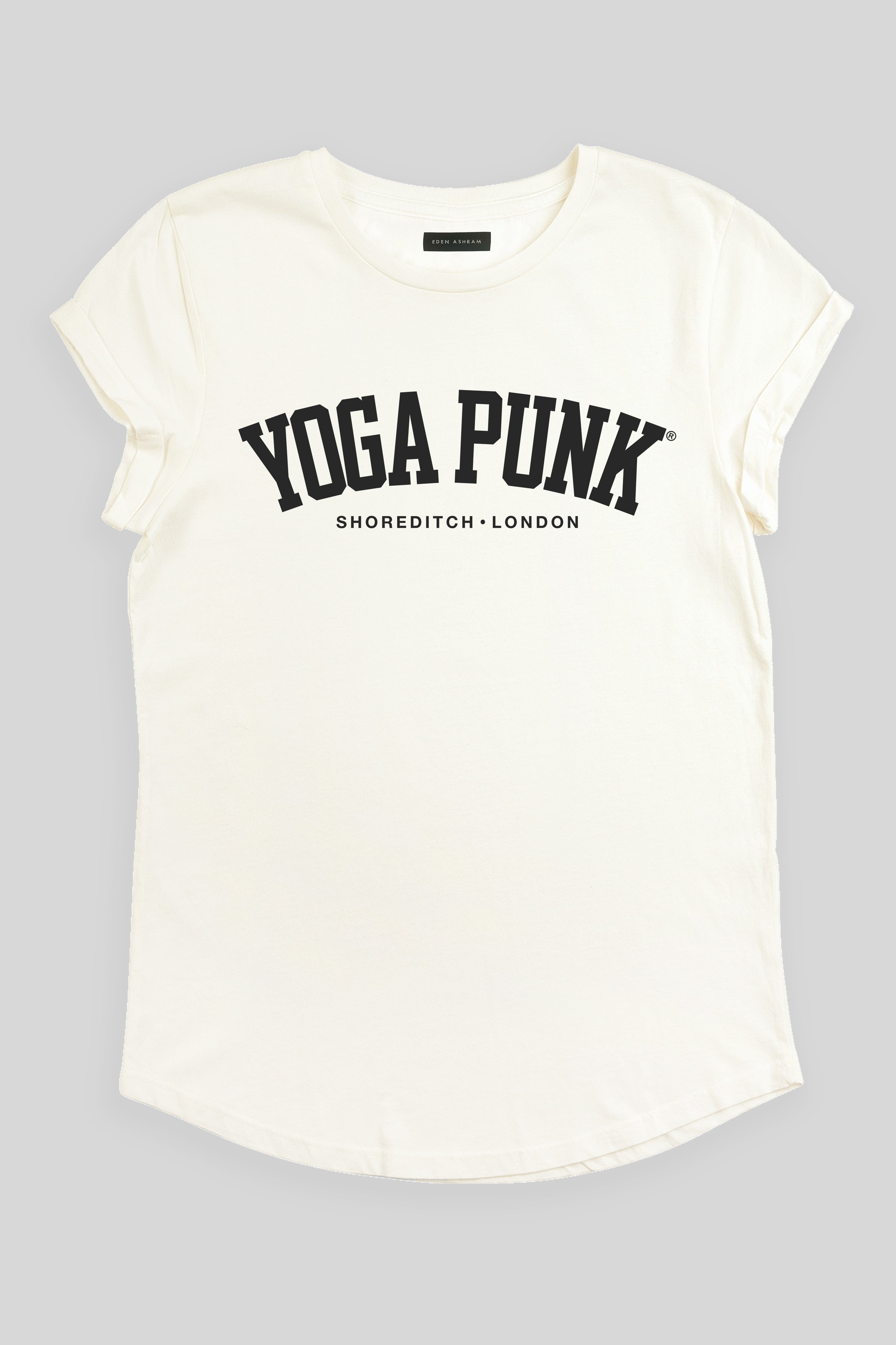 EDEN ASHRAM Yoga Punk® Rolled Sleeve T-Shirt Stonewash White