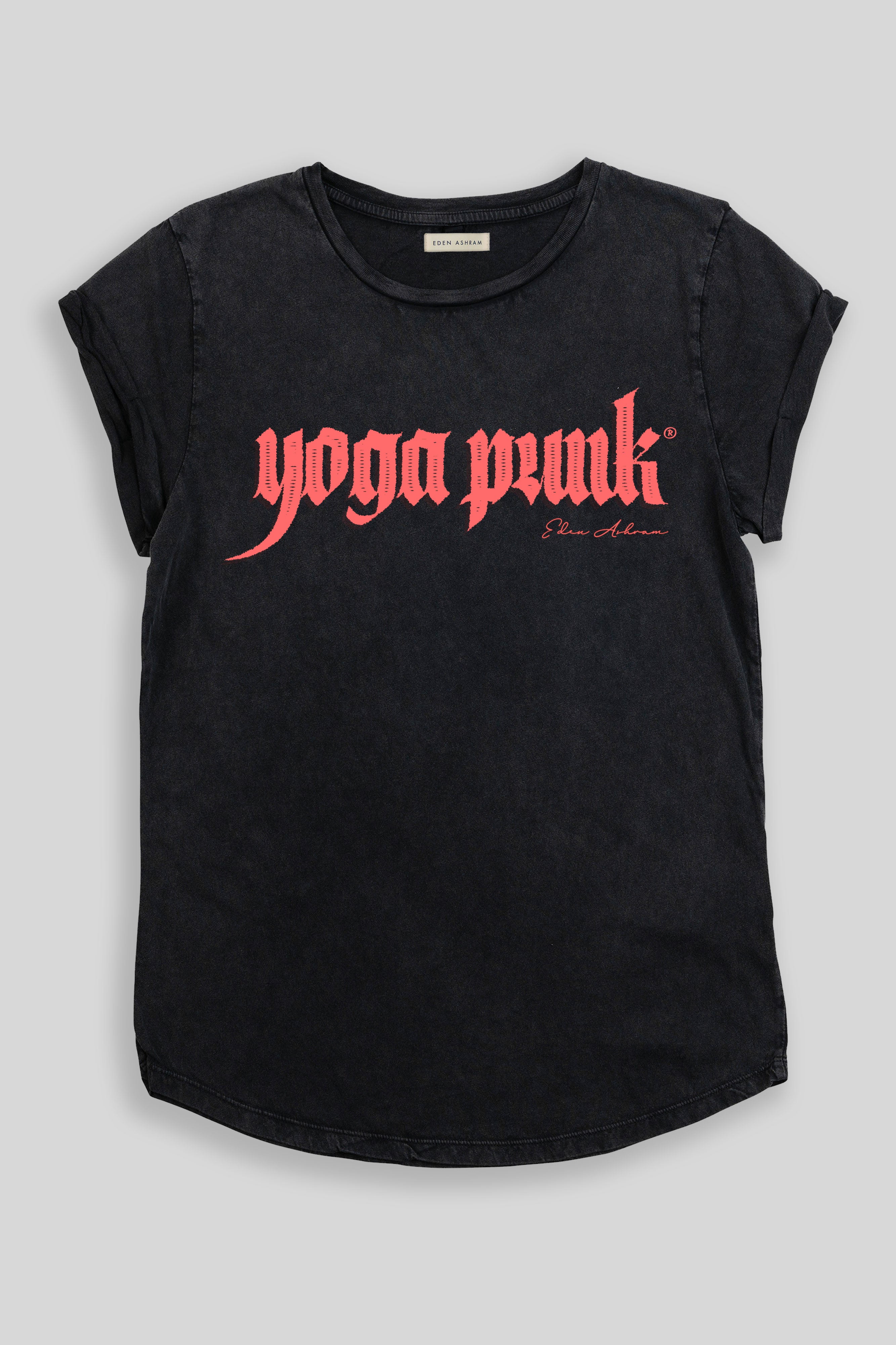 EDEN ASHRAM Yoga Punk Rolled Sleeve T-Shirt Stonewash Black
