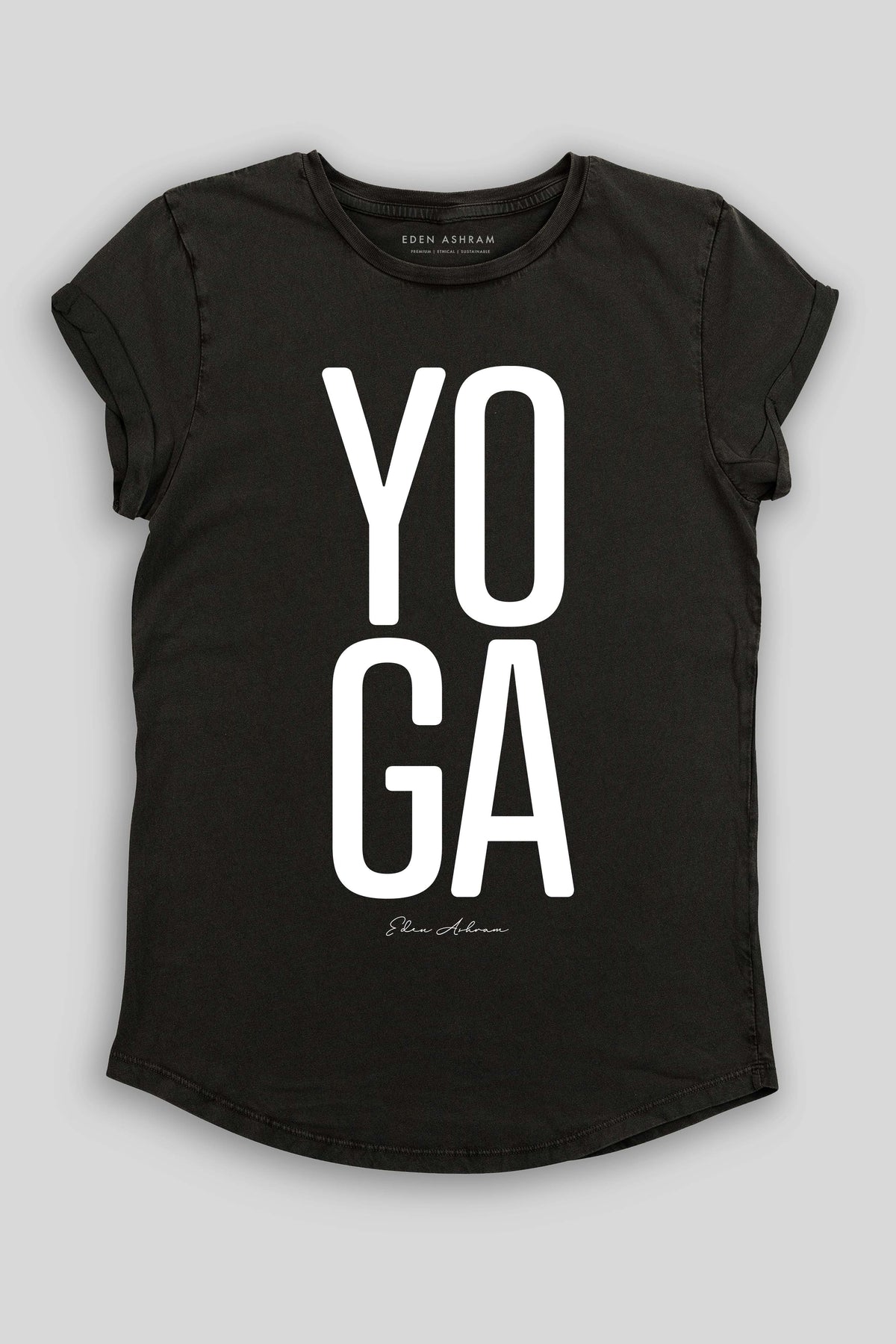 Eden Ashram YOGA Premium Rolled Sleeve T-Shirt Stonewash Black