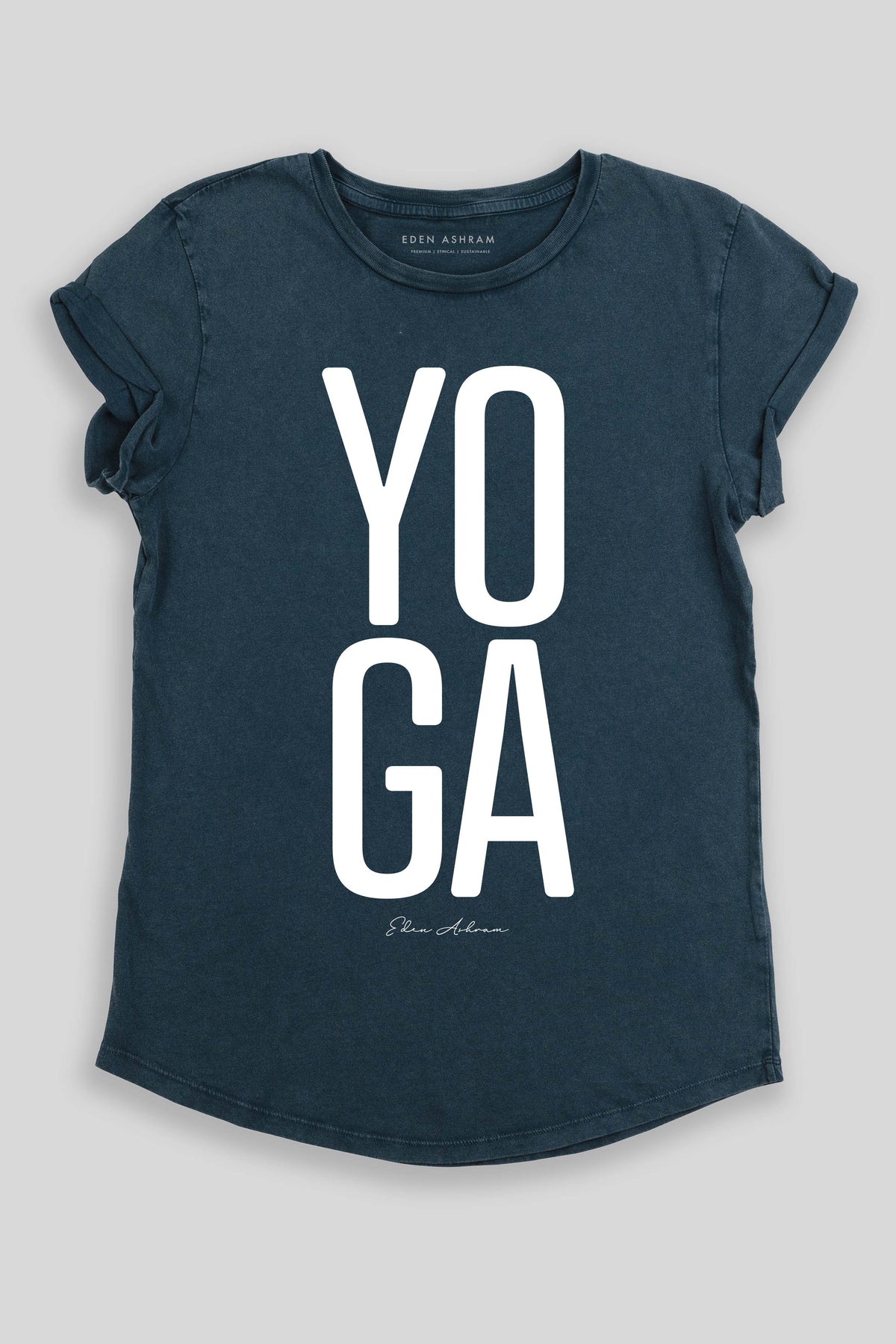 Eden Ashram YOGA Premium Rolled Sleeve T-Shirt Stonewash Denim