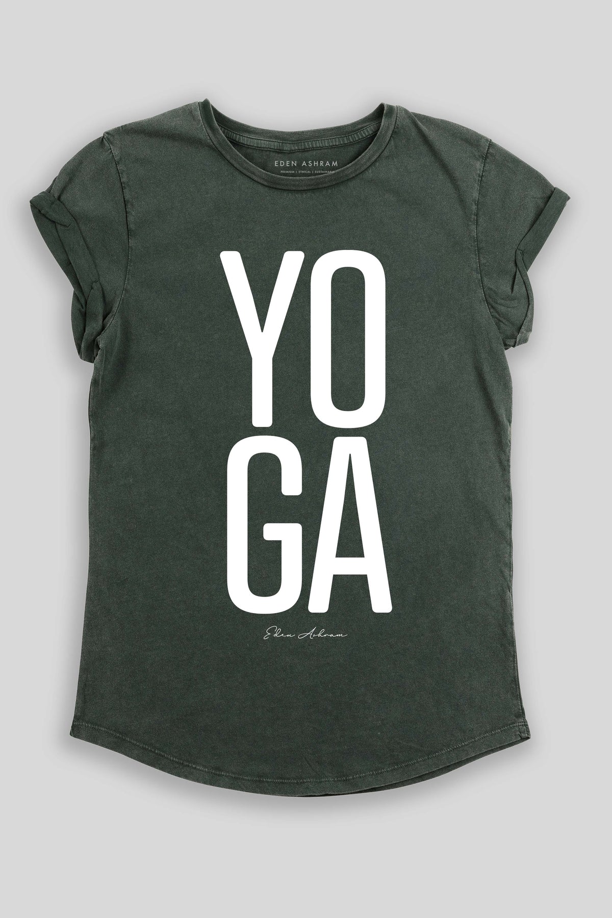 Eden Ashram YOGA Premium Rolled Sleeve T-Shirt Stonewash Green