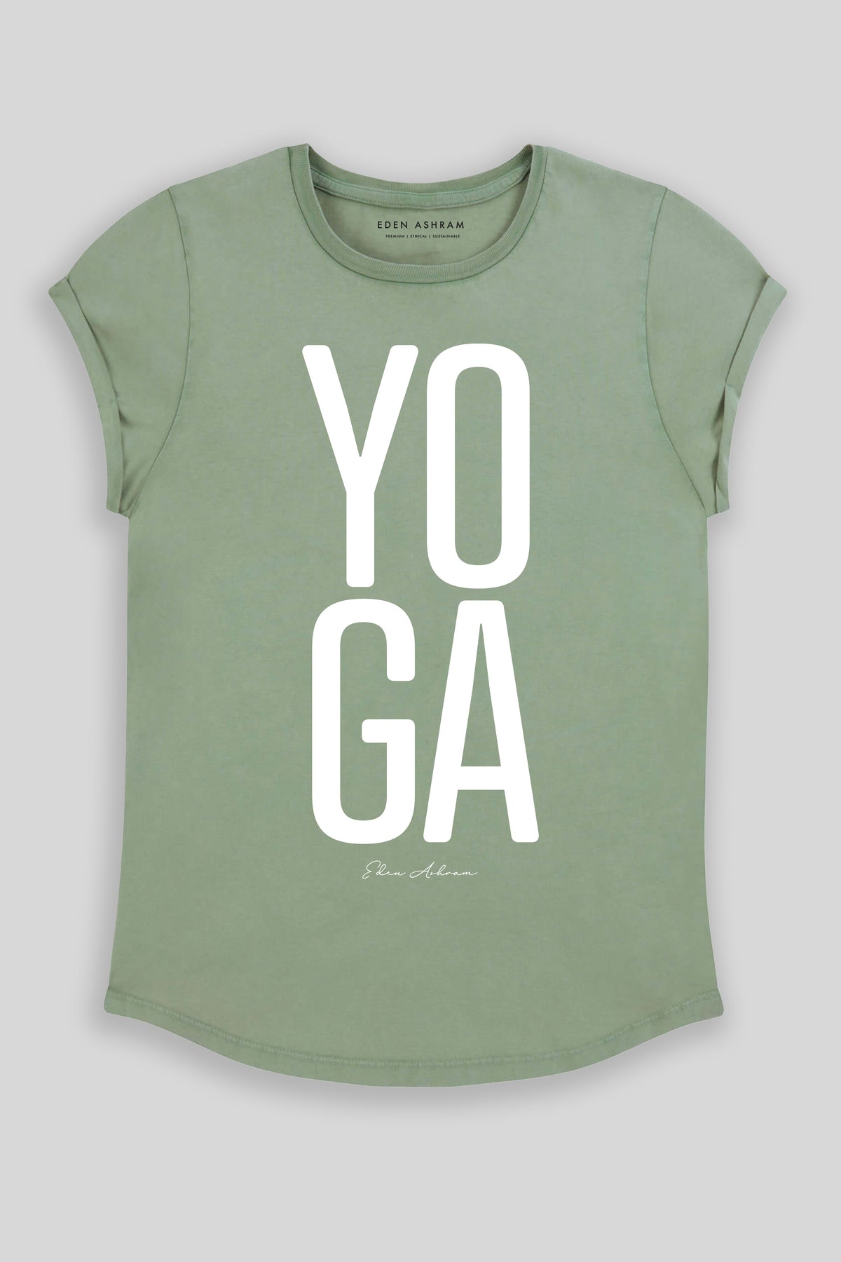 Eden Ashram YOGA Premium Rolled Sleeve T-Shirt Stonewash Sage