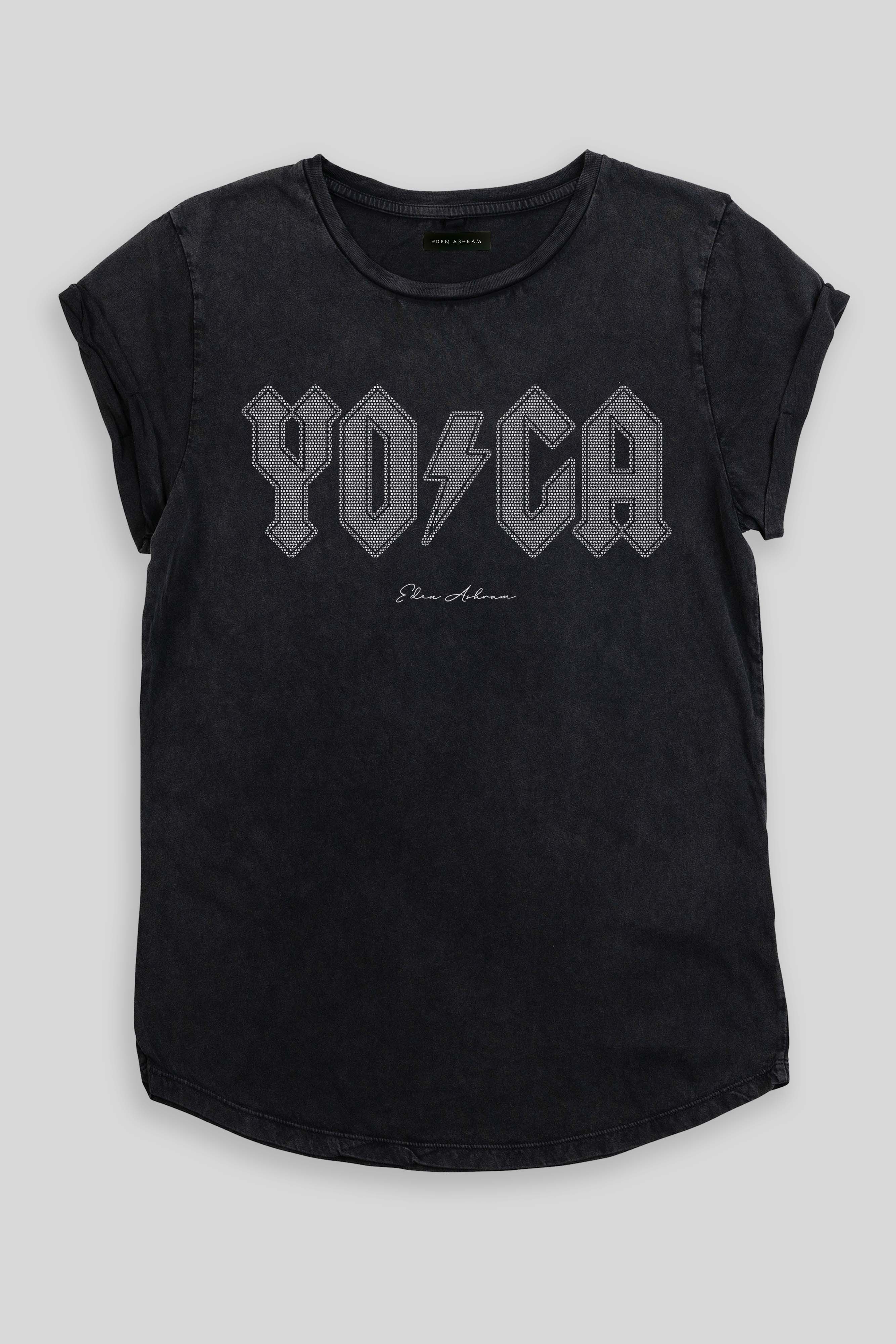 EDEN ASHRAM Yoga Tour Glitter Rolled Sleeve Tour T-Shirt - Stonewash Black Stonewash Black