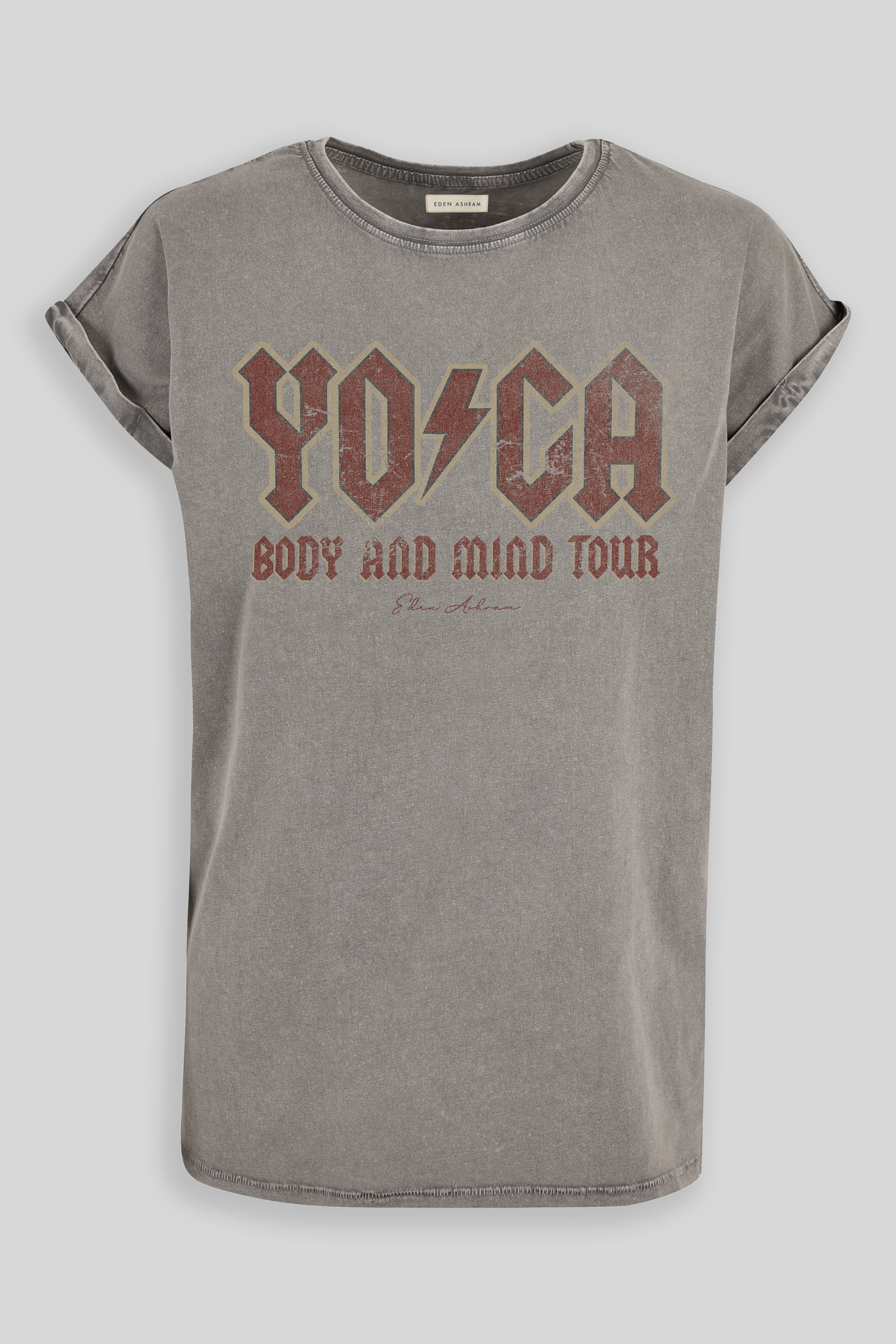 EDEN ASHRAM YOGA Tour Premium Relaxed Boyfriend T-Shirt Acid Wash Grey