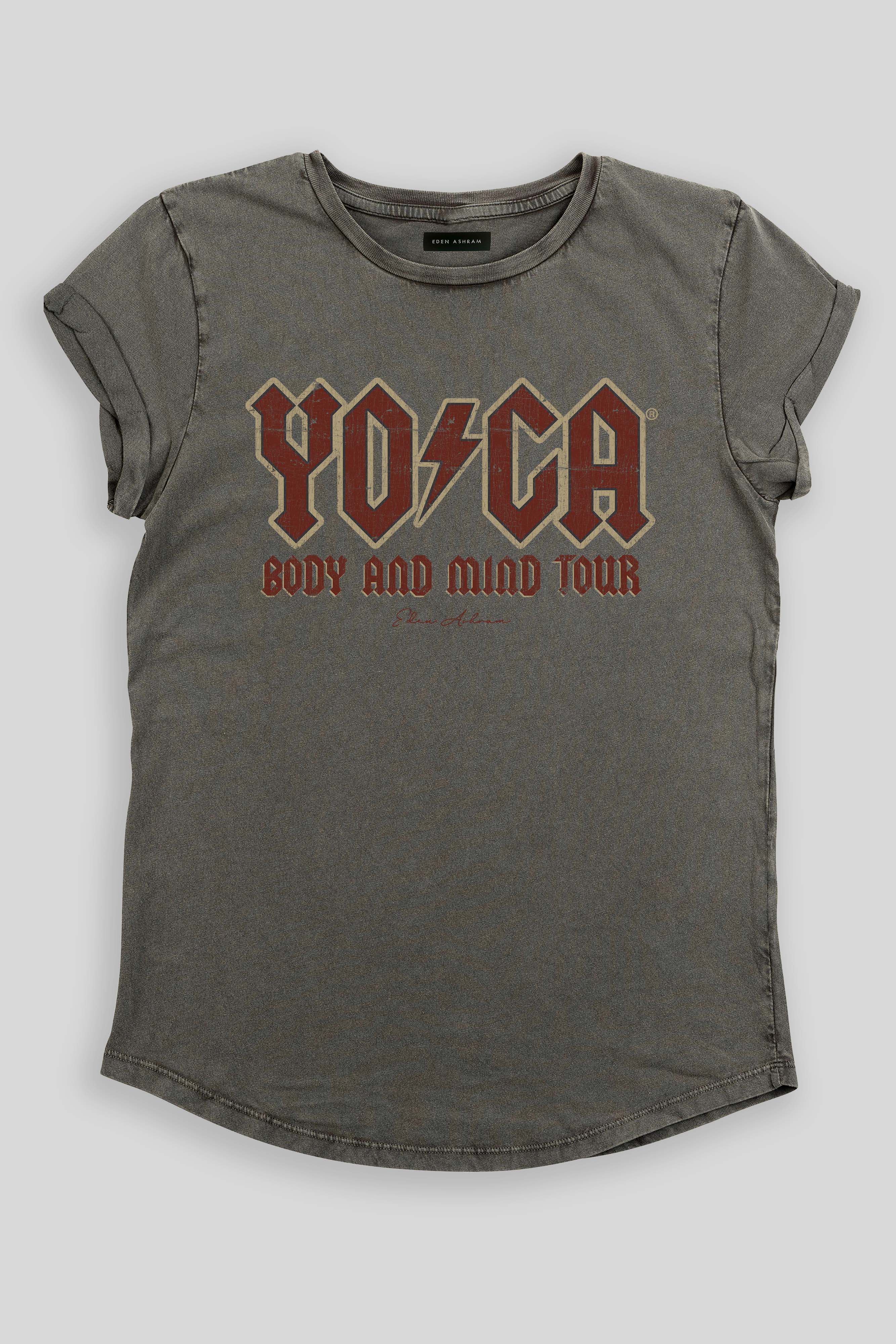 EDEN ASHRAM The Original YOGA Tour Premium Rolled Sleeve T-Shirt Stonewash Grey
