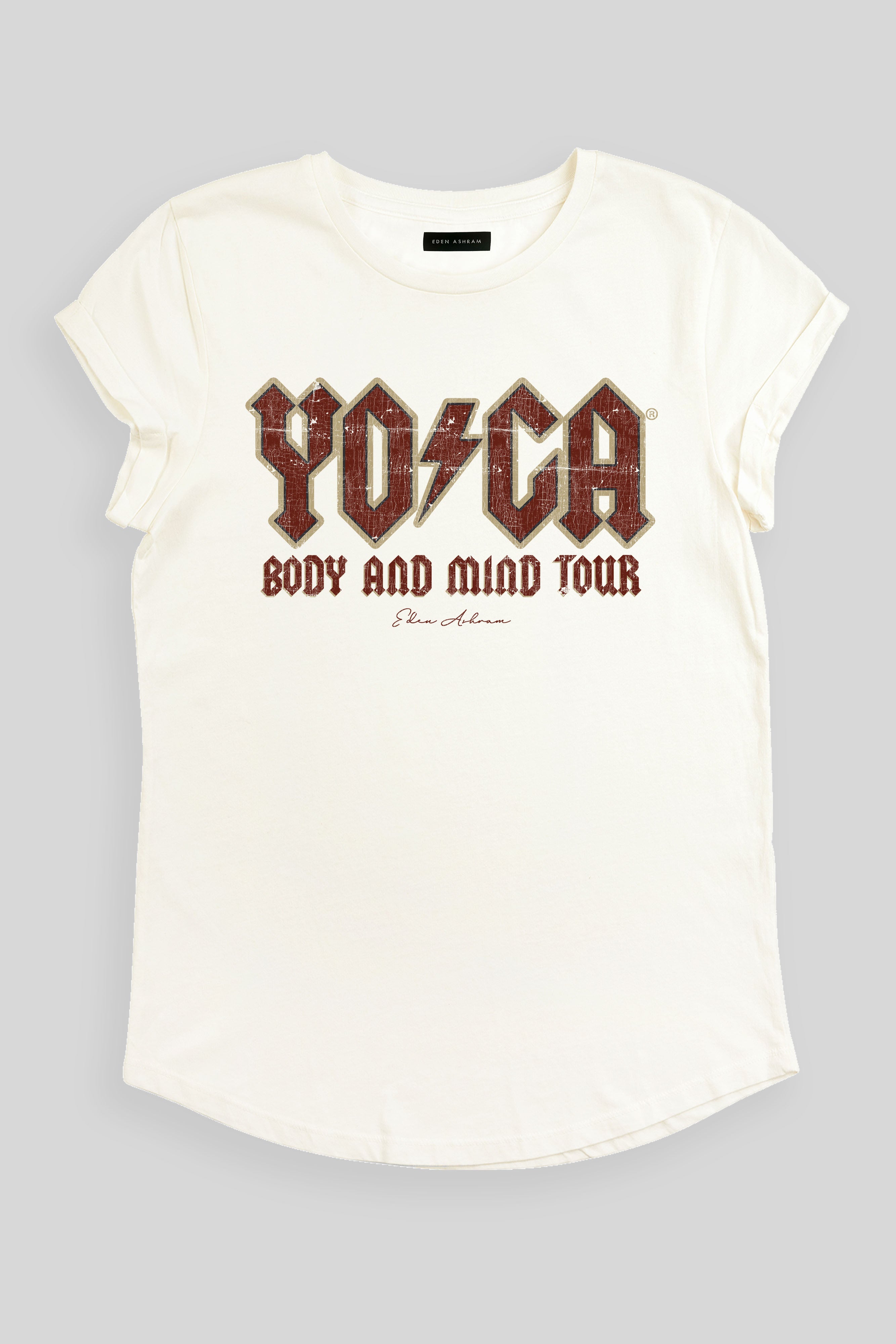 EDEN ASHRAM The Original YOGA Tour Premium Rolled Sleeve T-Shirt Stonewash White